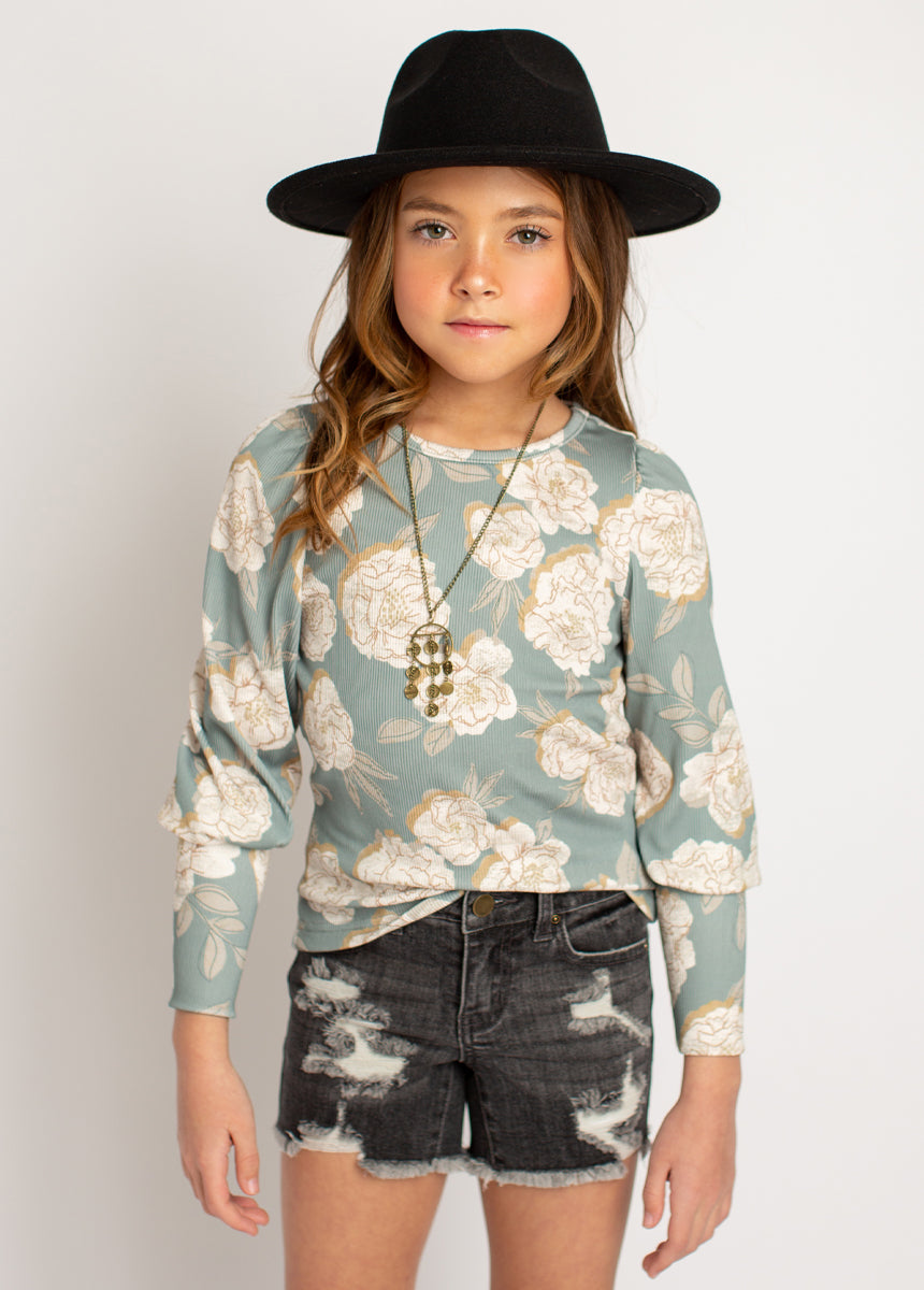 Lynne Top in Neutral Green Floral-My Prom Time