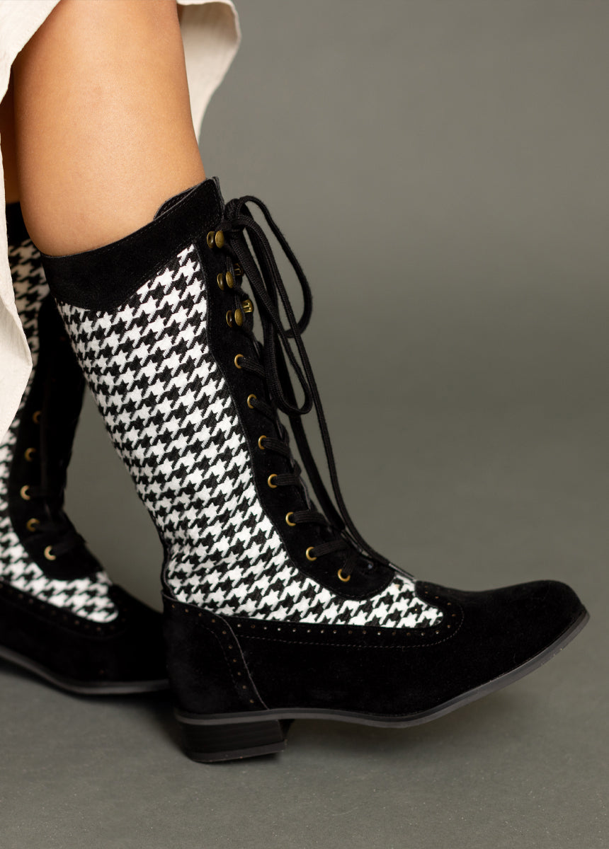 Keiko Tall Boots in Black Houndstooth-My Prom Time