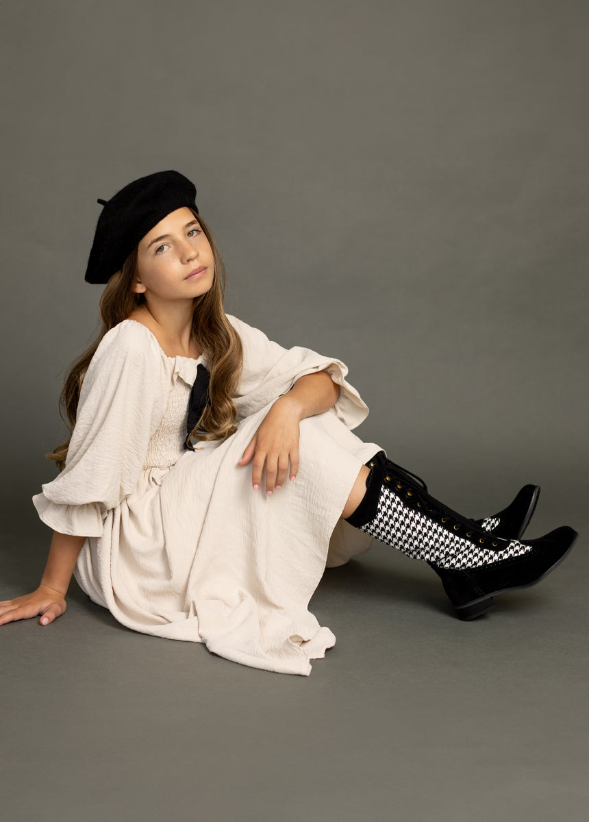 Keiko Tall Boots in Black Houndstooth-My Prom Time
