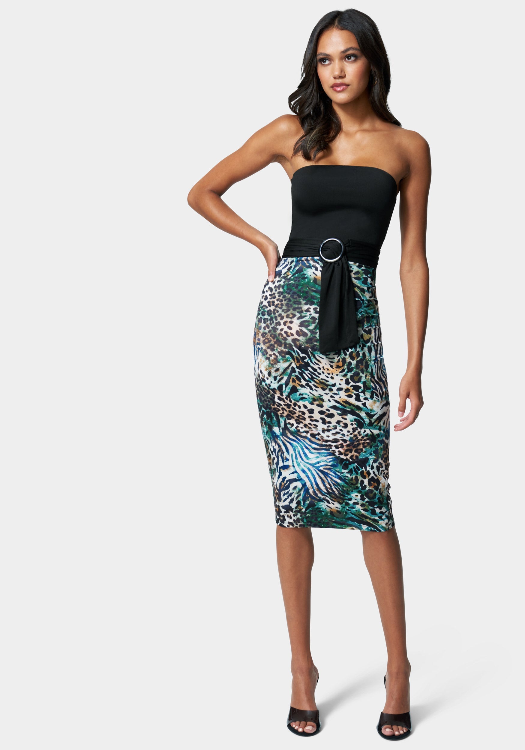 Belted Strapless Printed Midi-Beilave