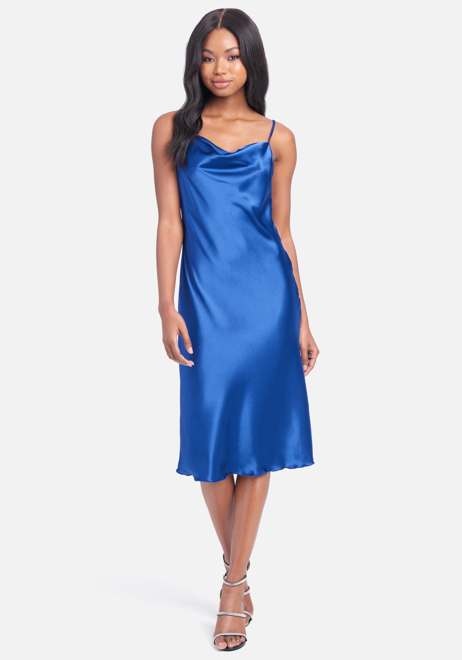 Satin Cowl Neck Slip Midi Dress-Beilave