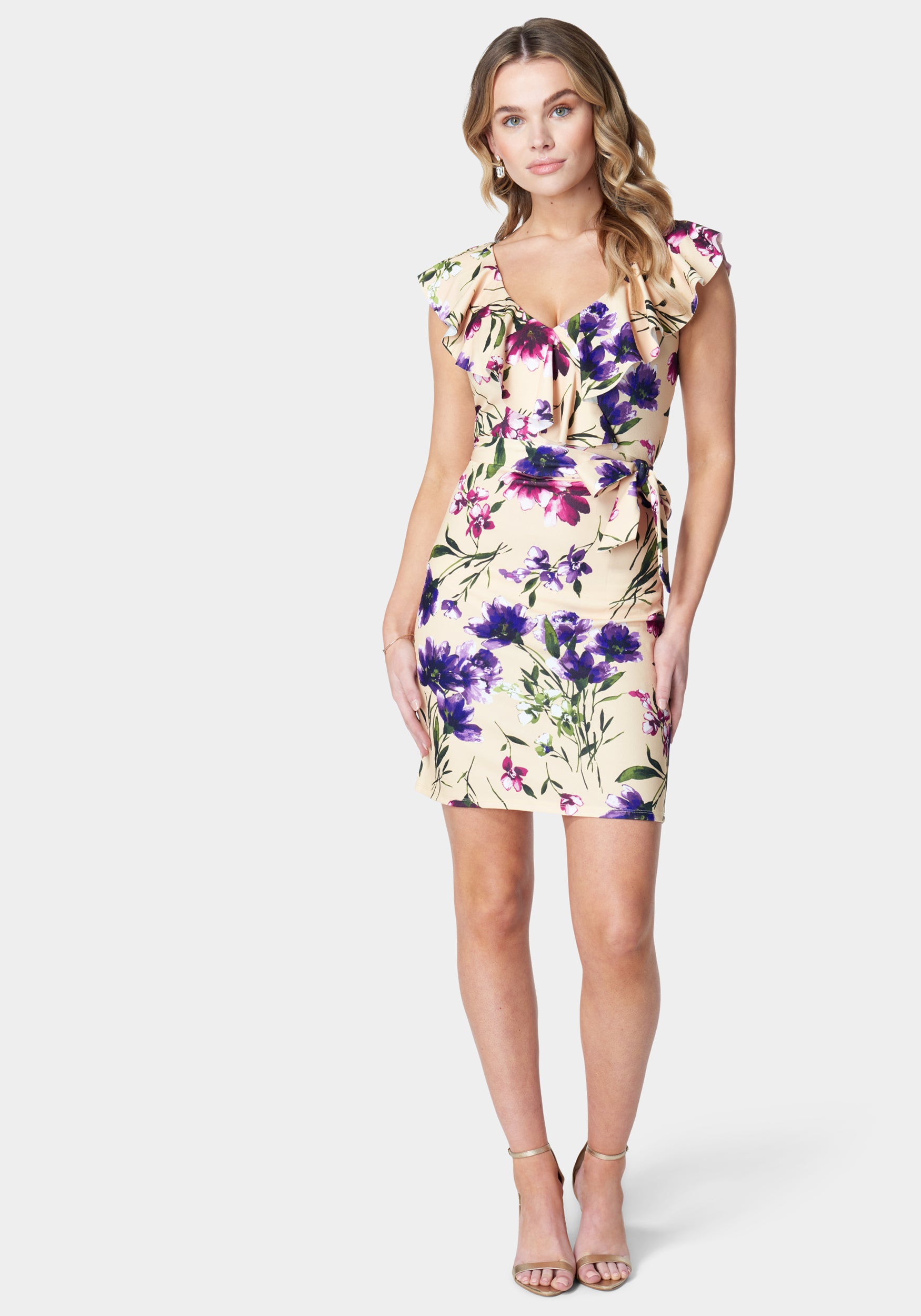 Printed Ruffle Sleeve Scuba Dress-Beilave