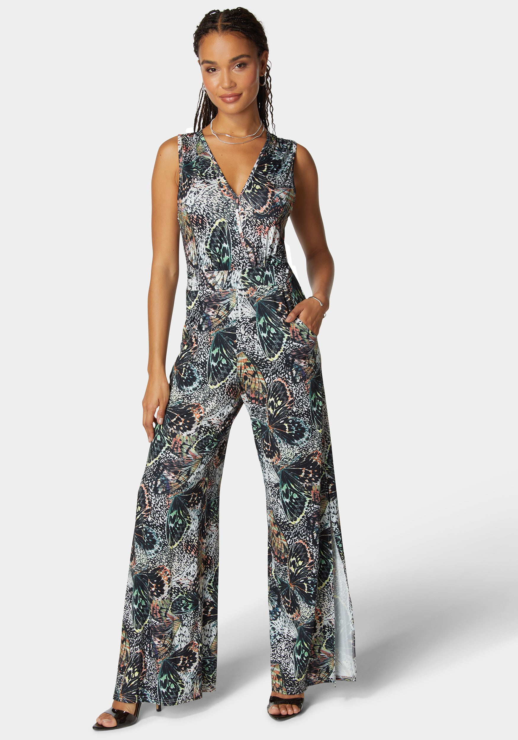 Printed Plunge Neck Jumpsuit-Beilave