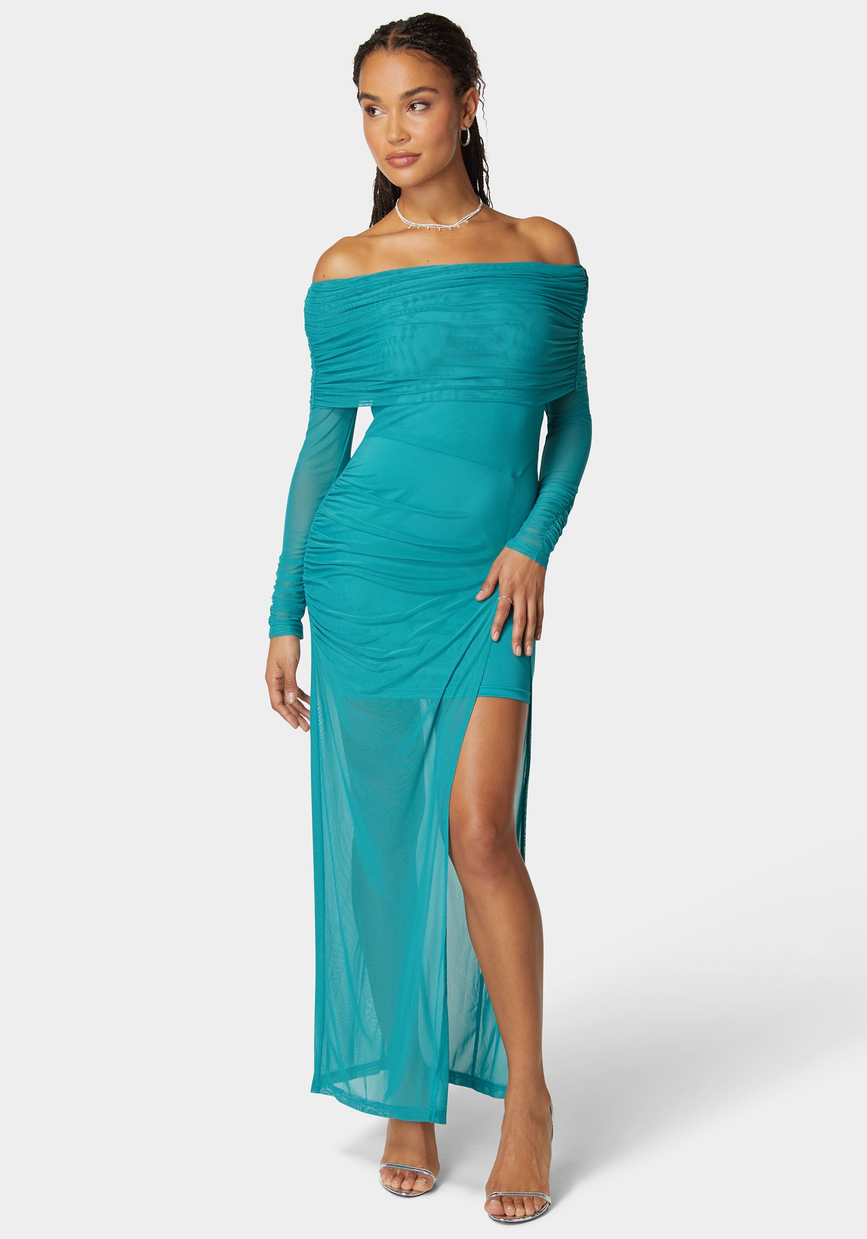 Off Shoulder Asymmetrical Mesh Gown-Beilave