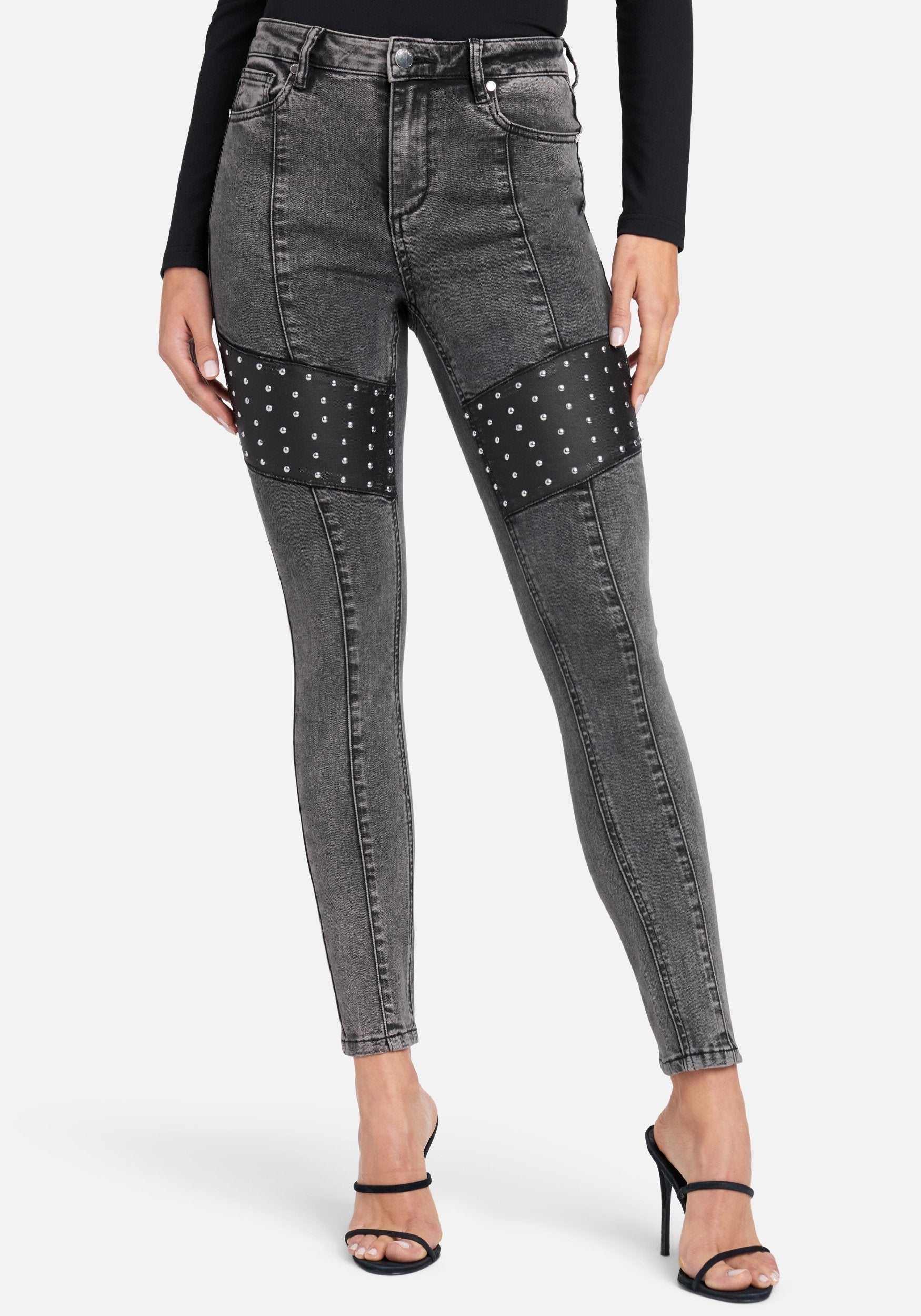 Acid Wash Stud Detail Skinny Jeans-Beilave