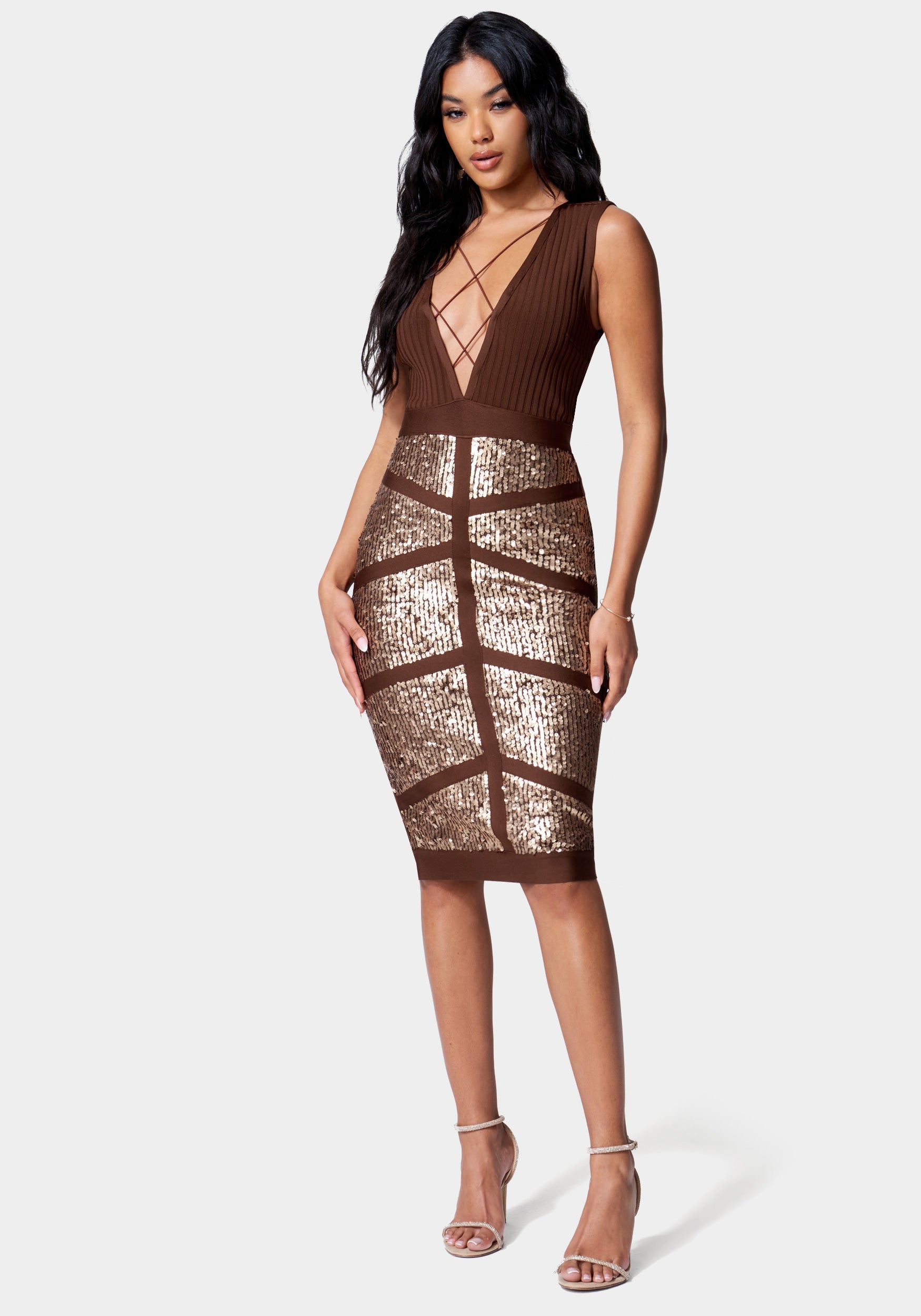 Sequin Bandage Strappy Midi Dress-Beilave