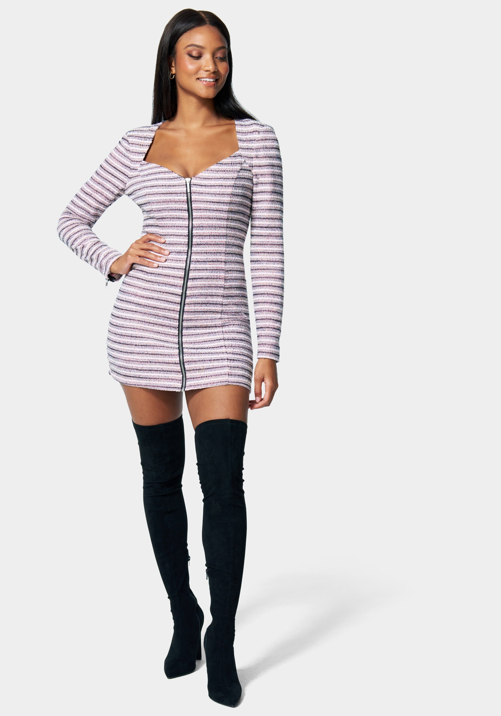Zip Front Tweed Mini Dress-Beilave