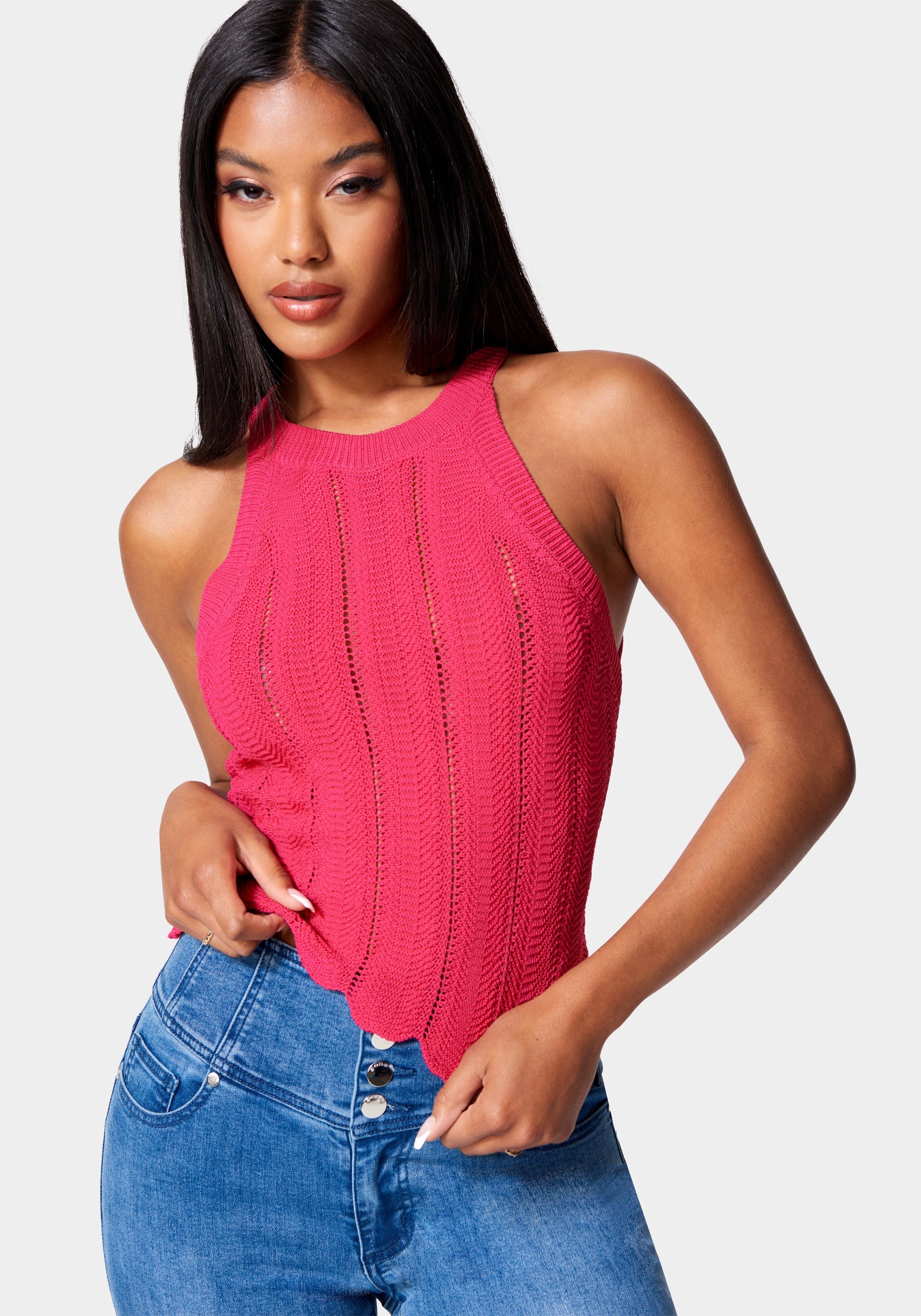Scallop Hem Pointelle Sweater Halter Top-Beilave