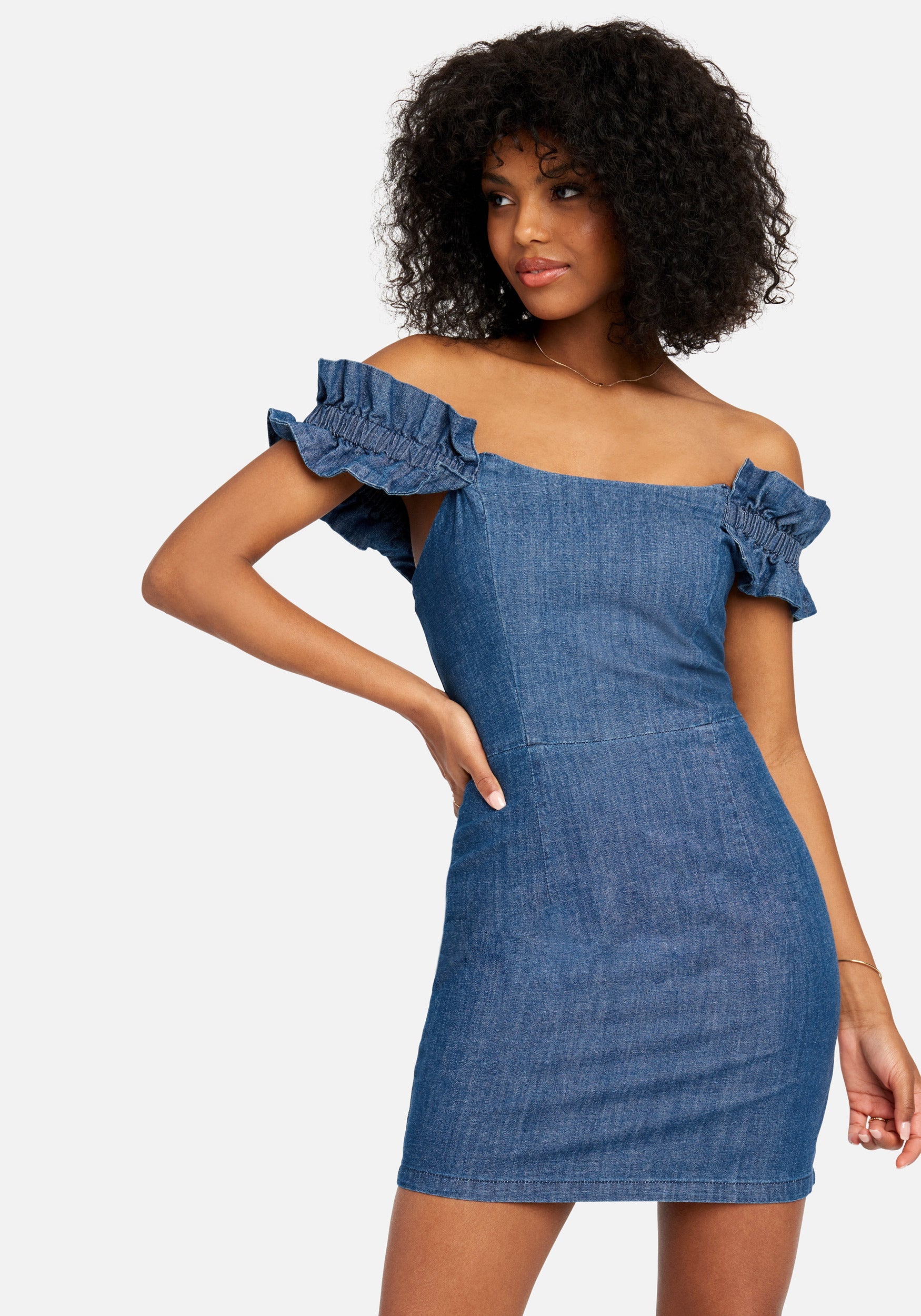Off Shoulder Ruffle Detail Denim Dress-Beilave
