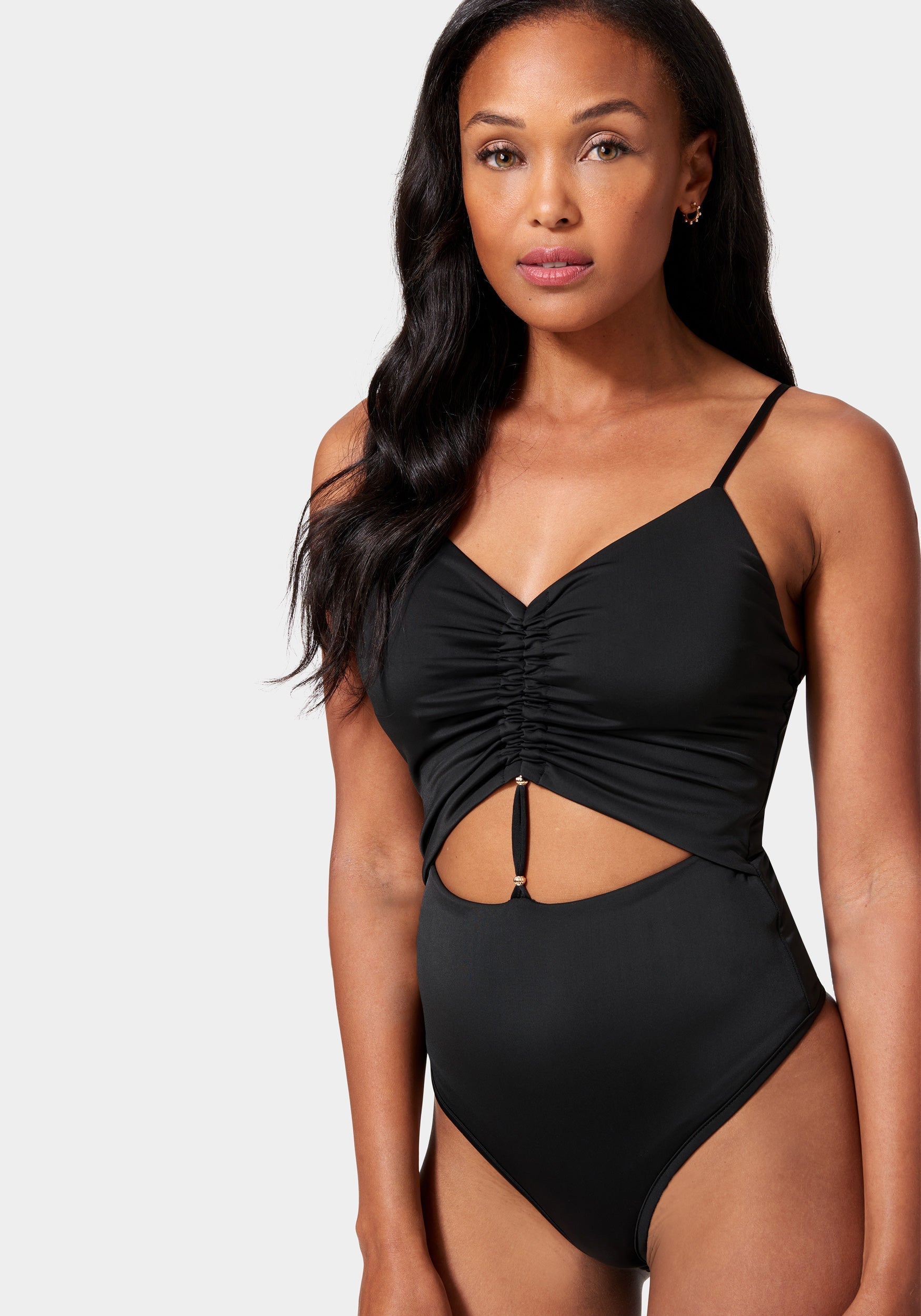 Front Keyhole Ruched Knit Bodysuit-Beilave
