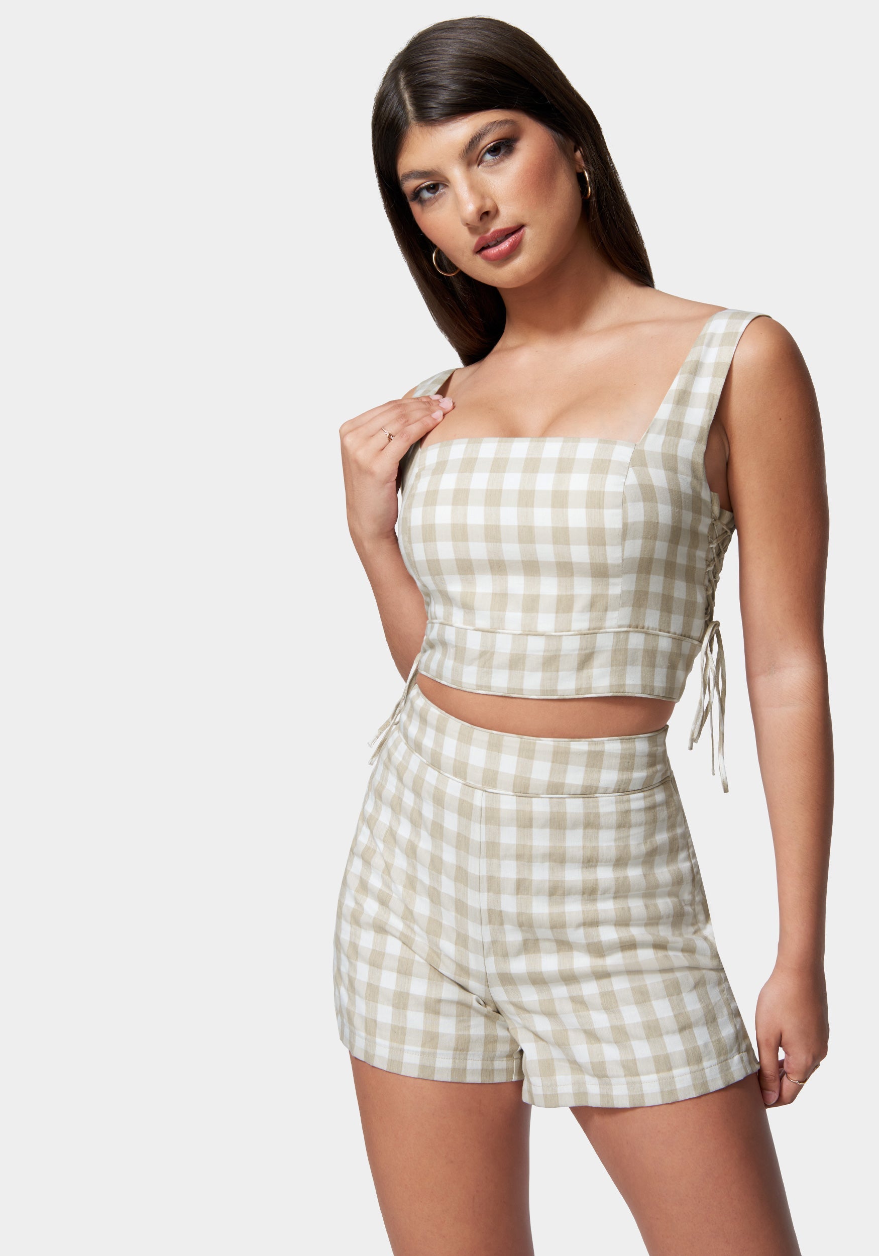 Gingham Cropped Lace Up Detail Top-Beilave