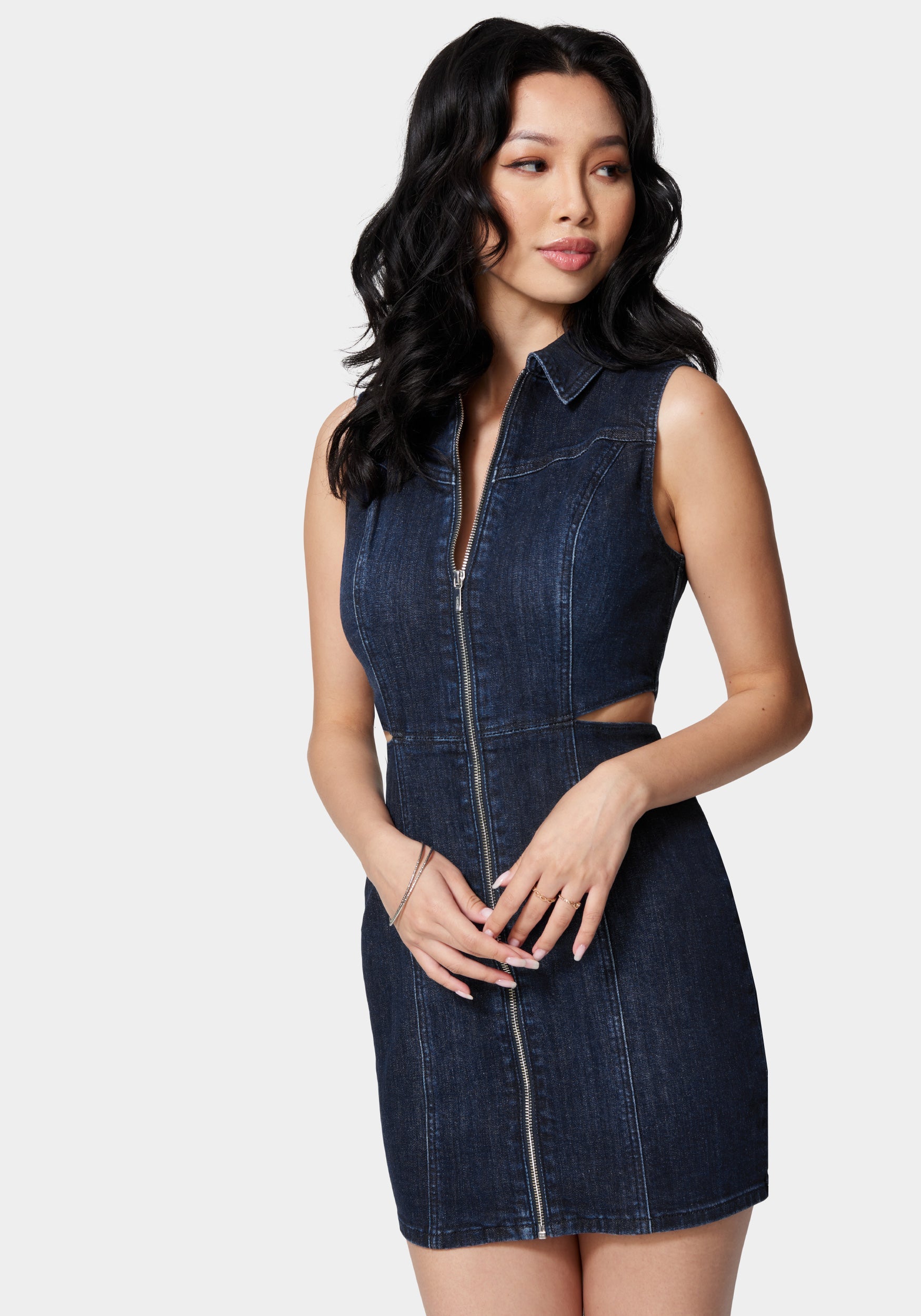 Front Zip Side Cut Out Denim Dress-Beilave