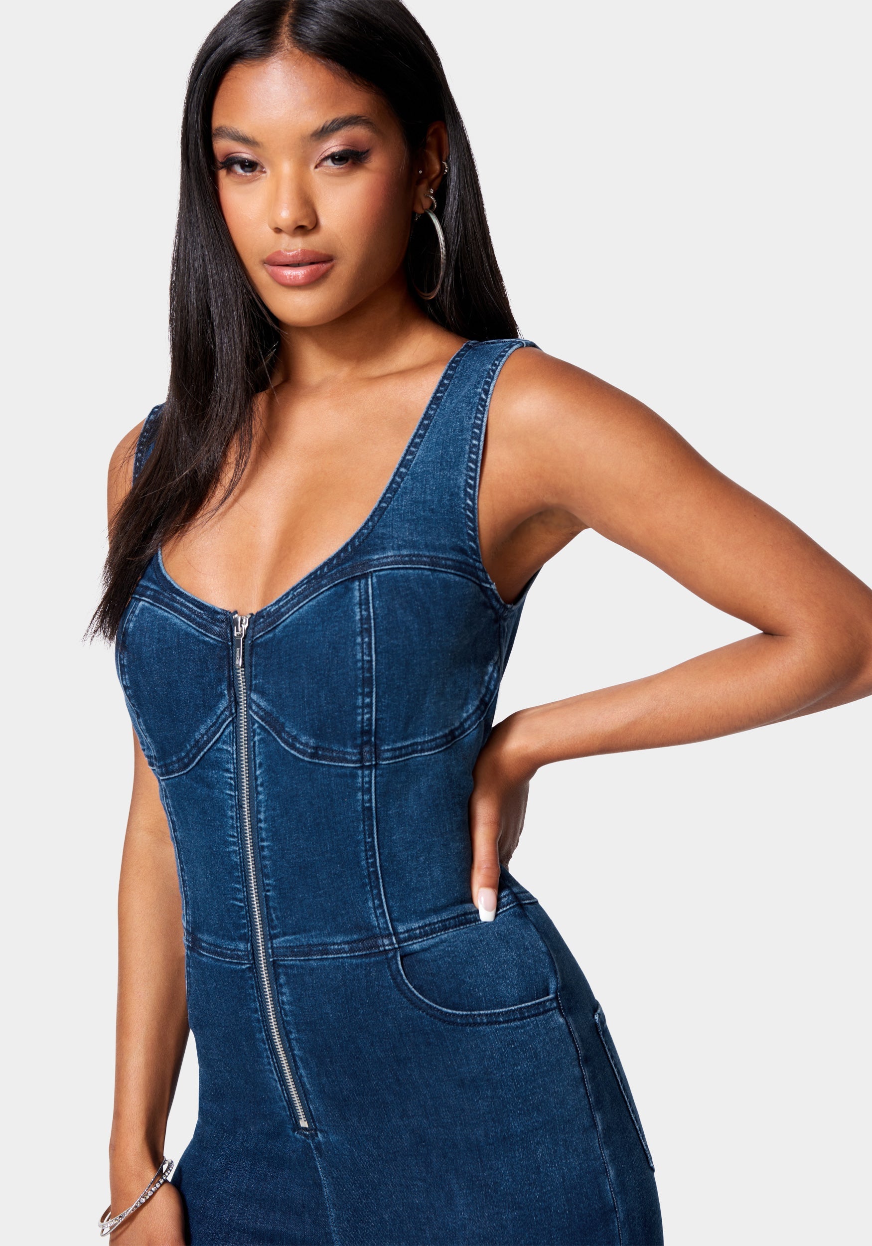 Skinny Leg Front Zip Denim Jumpsuit-Beilave