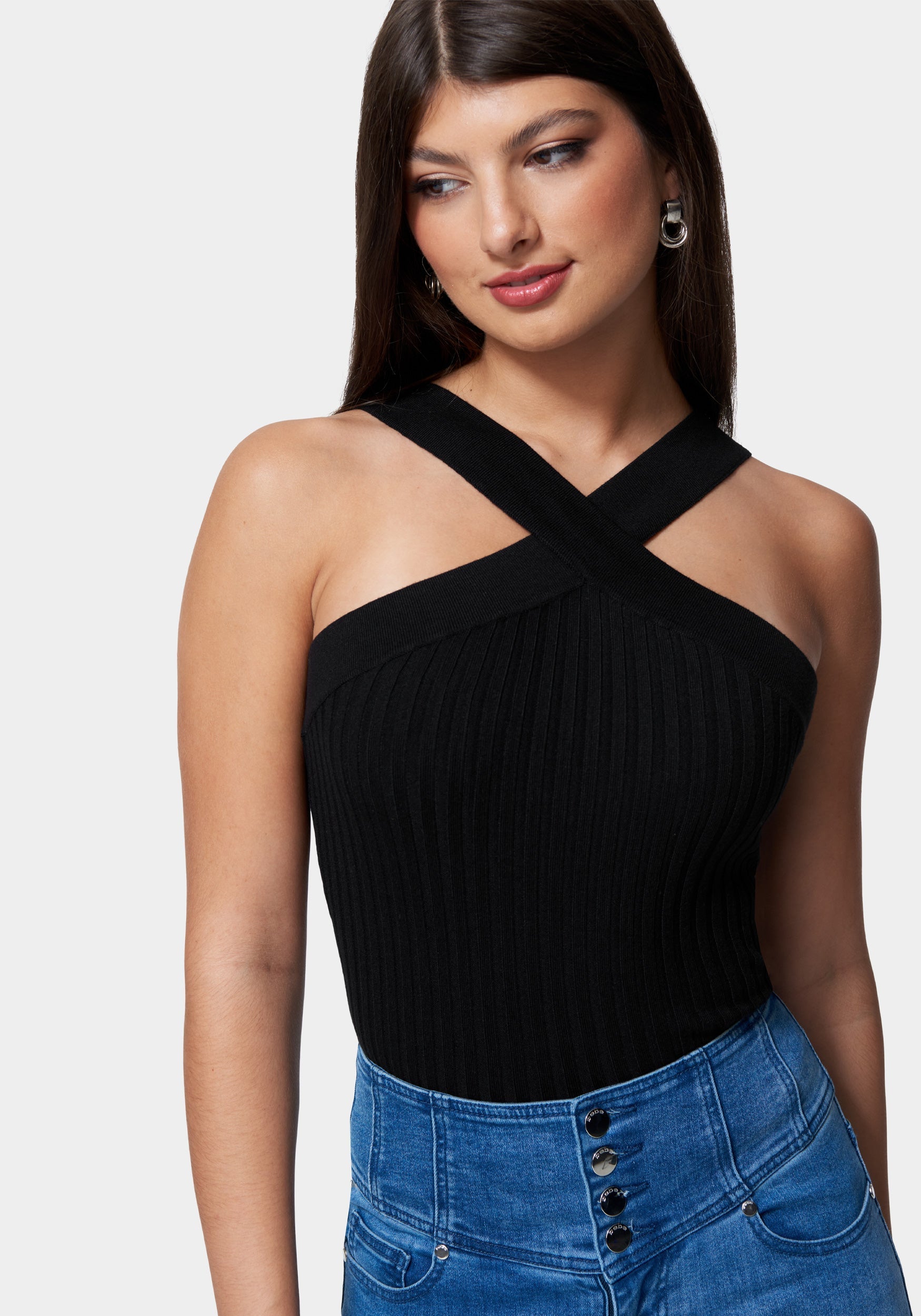Rib Sweater Cross Front Top-Beilave