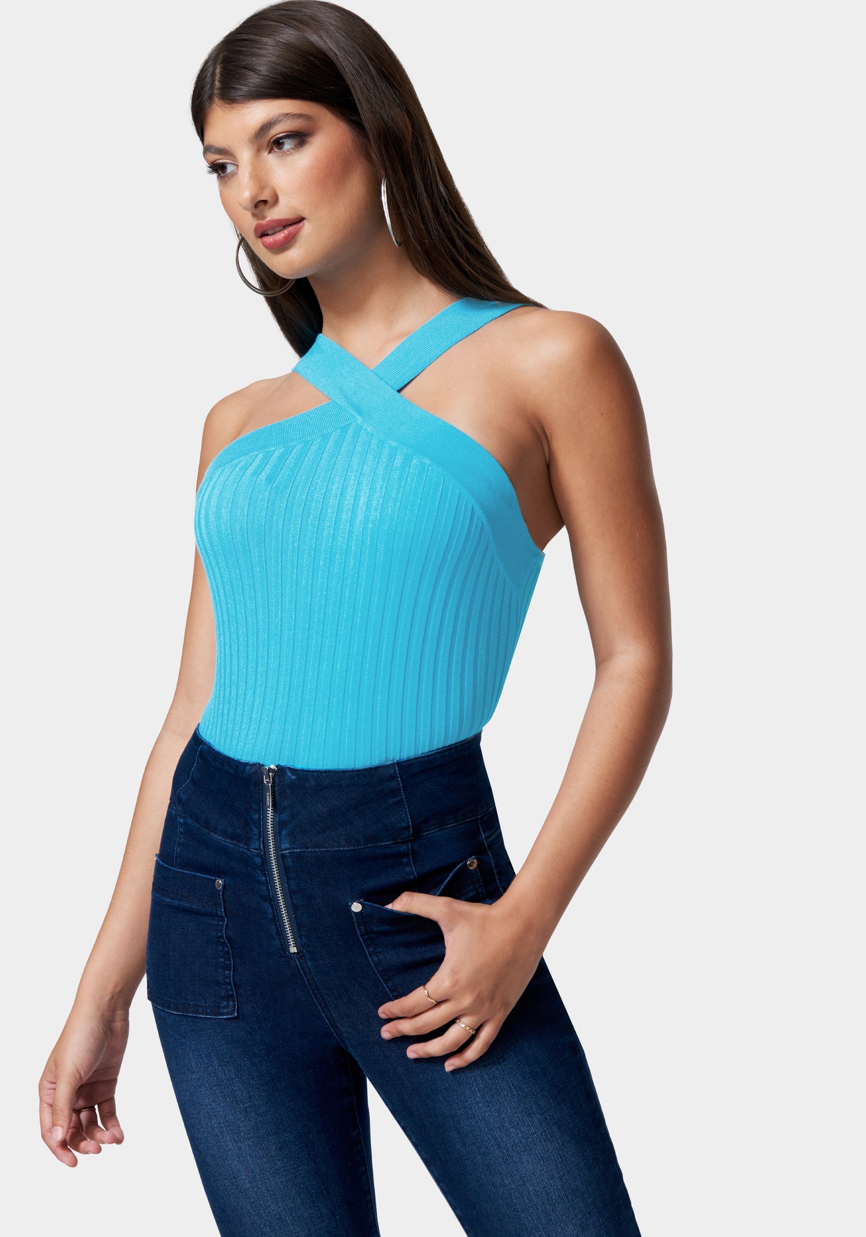Rib Sweater Cross Front Top-Beilave
