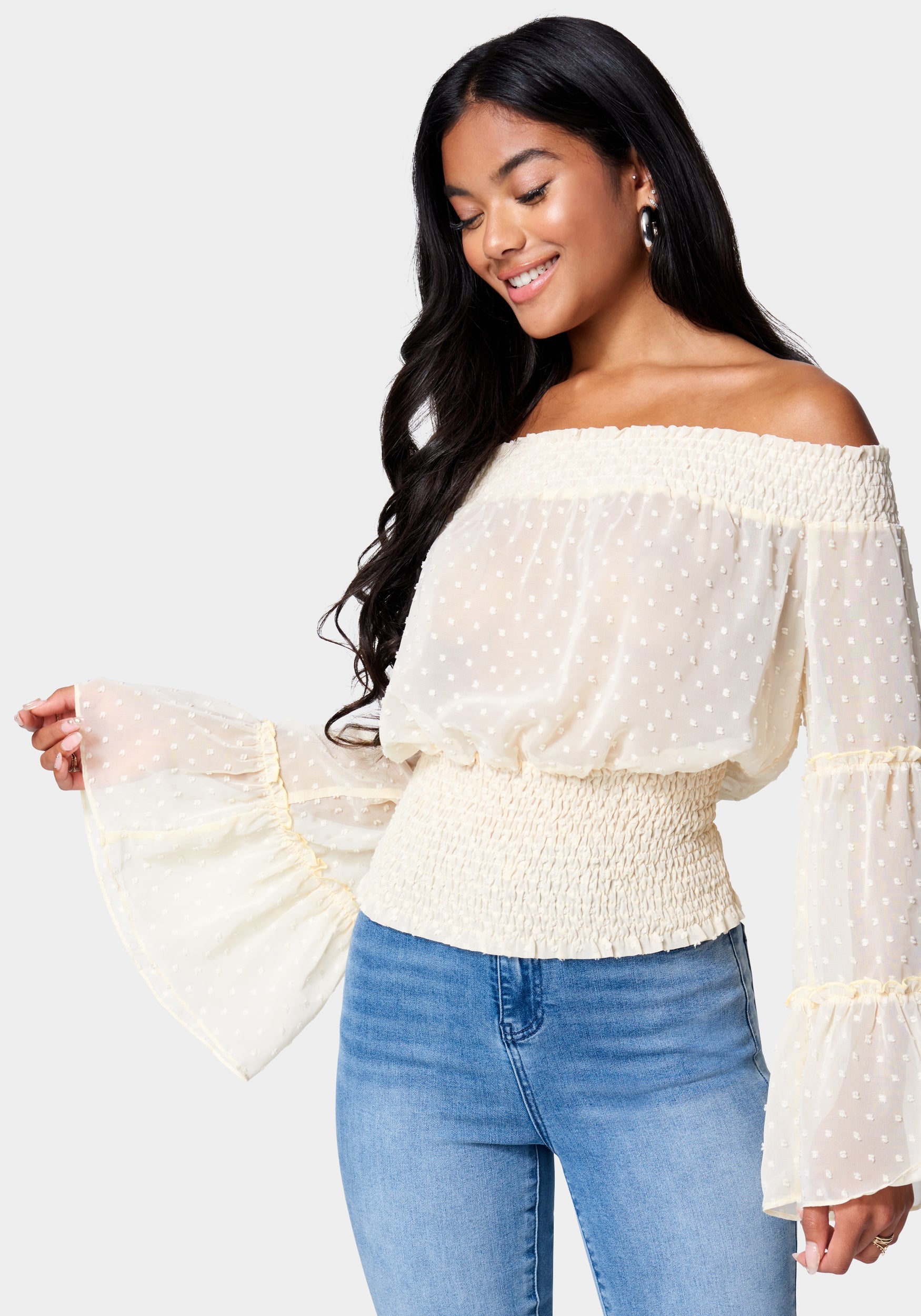 Swiss Dot Bell Sleeve Blouse-Beilave