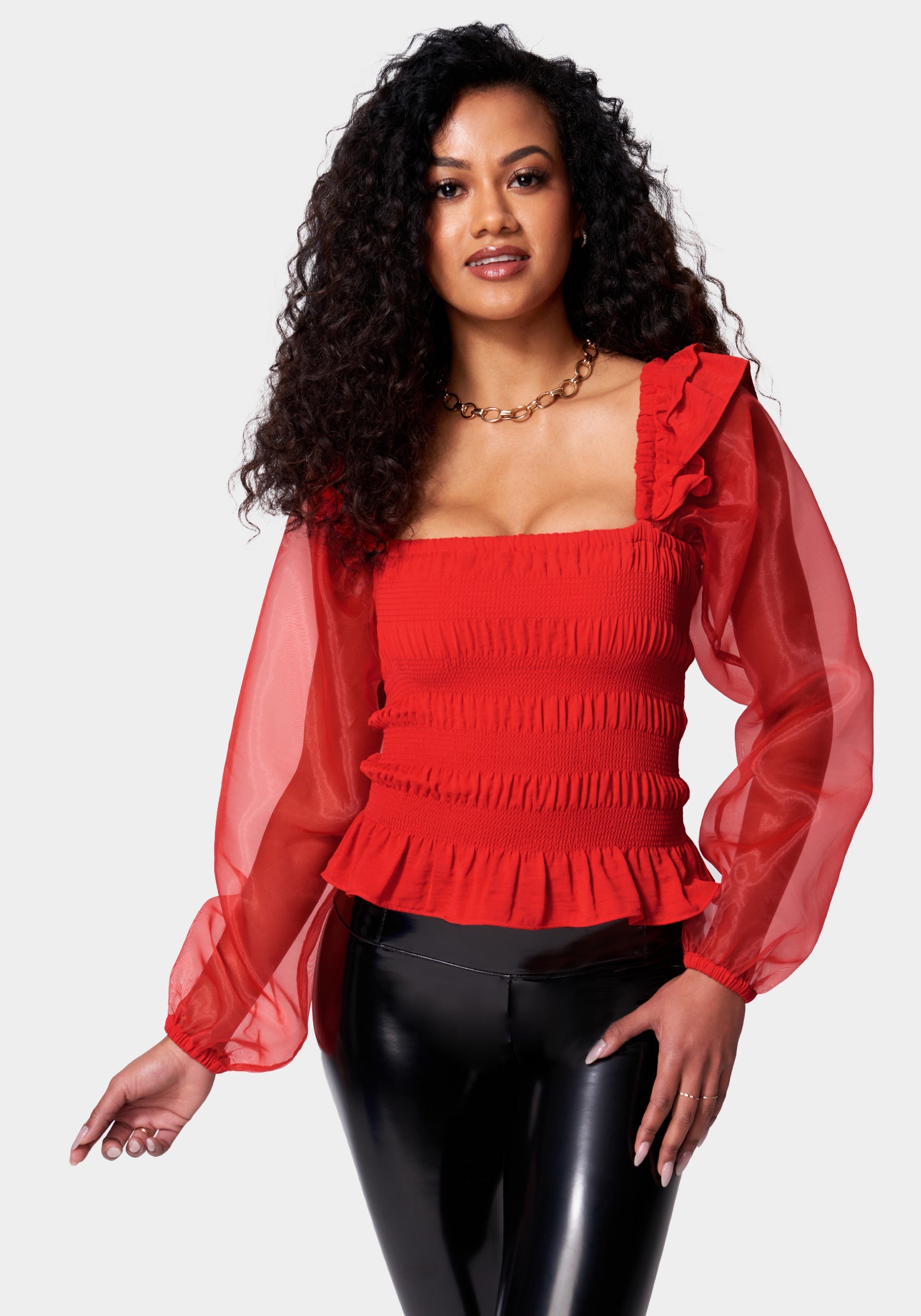 Smocked Body Chiffon Sleeve Top-Beilave