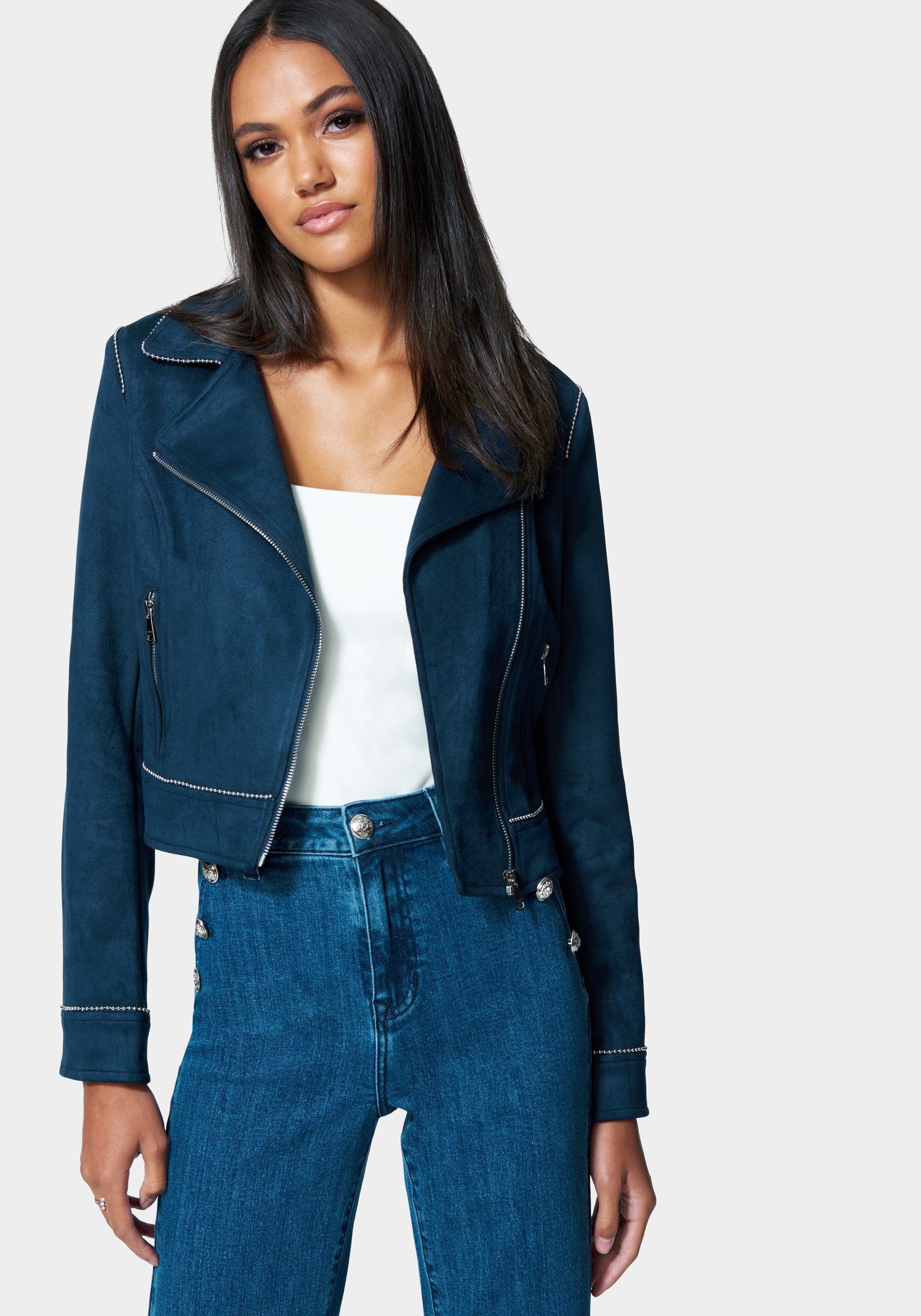 Vegan Suede Trim Detail Moto Jacket-Beilave