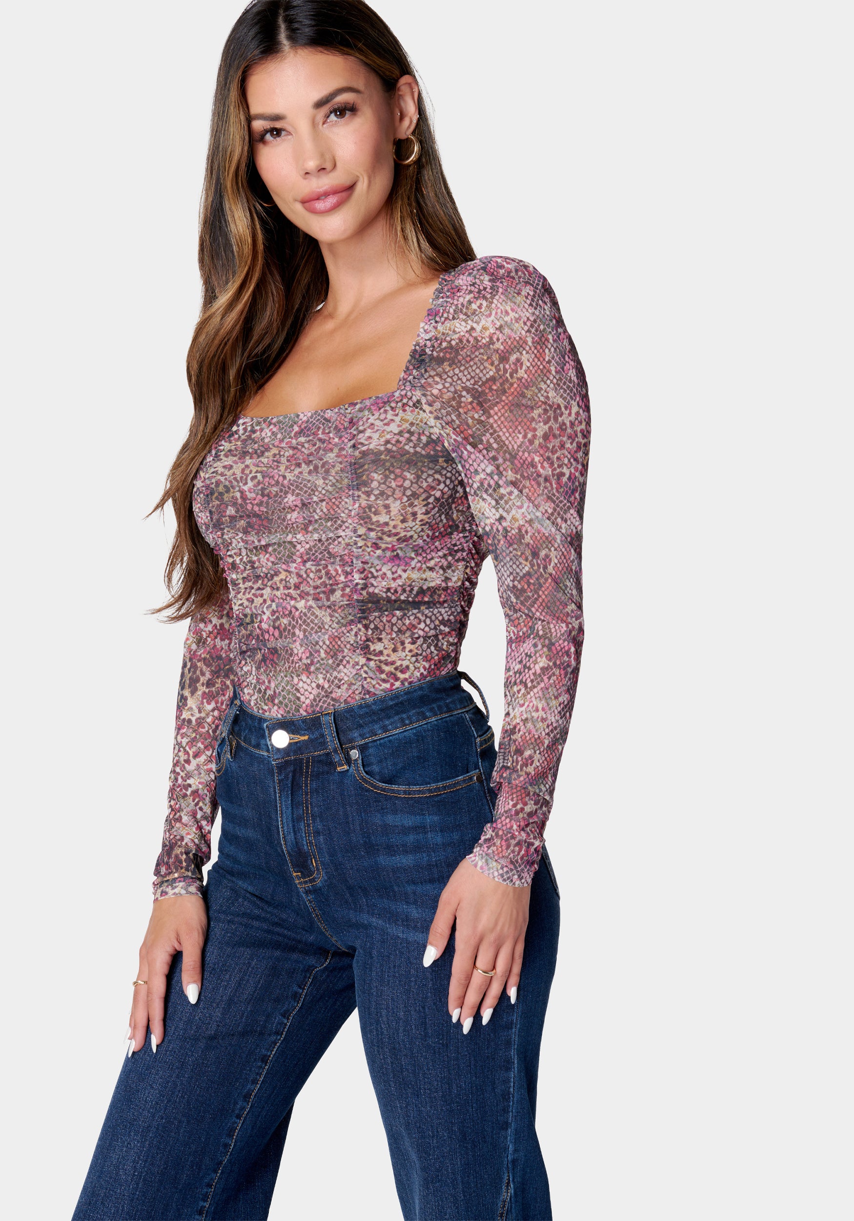 Ruched Mesh Puff Sleeve Bodysuit-Beilave