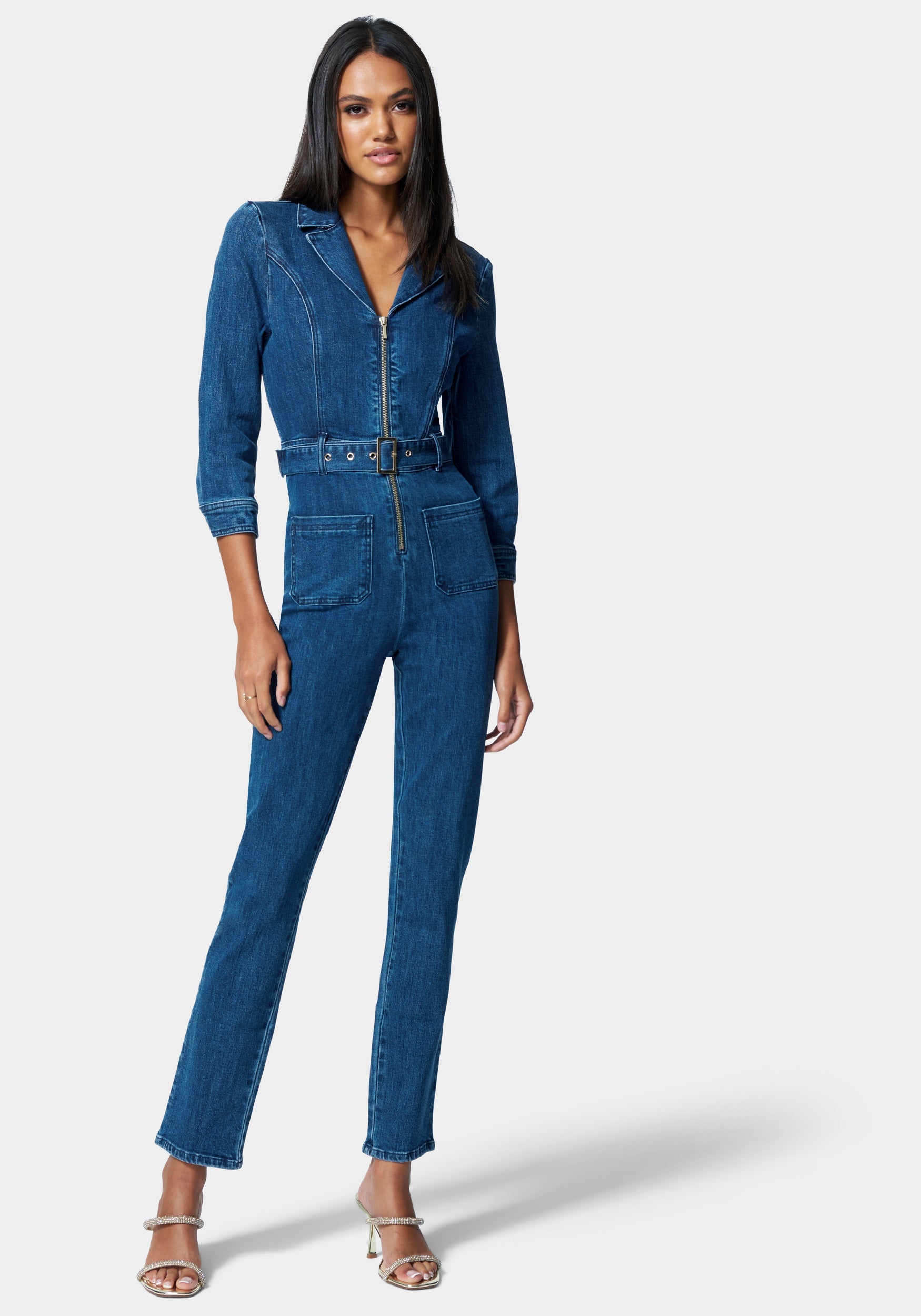 Zip Front Belted Skinny Leg Denim Jumpsuit-Beilave