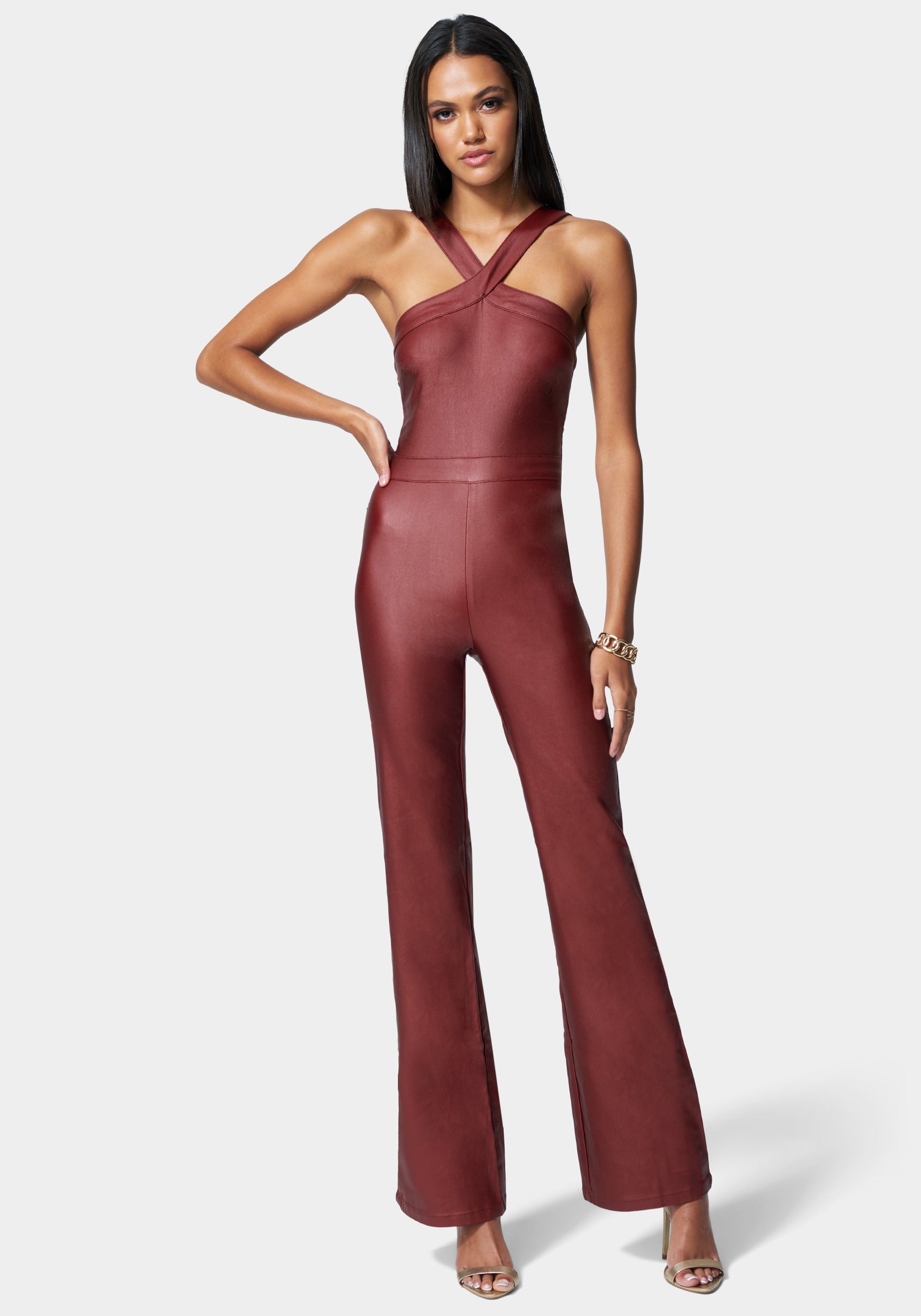 Wide Leg Snap Detail Coated Denim Jumpsuit-Beilave