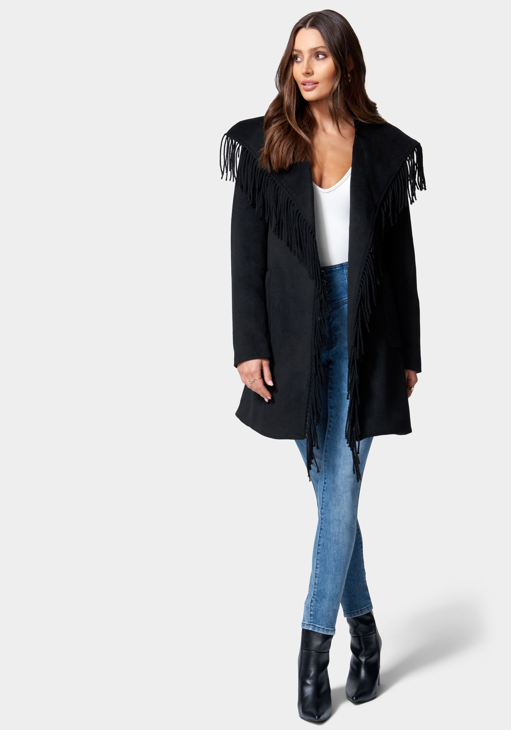 Fringe Detail Tie Waist Wrap Coat-Beilave