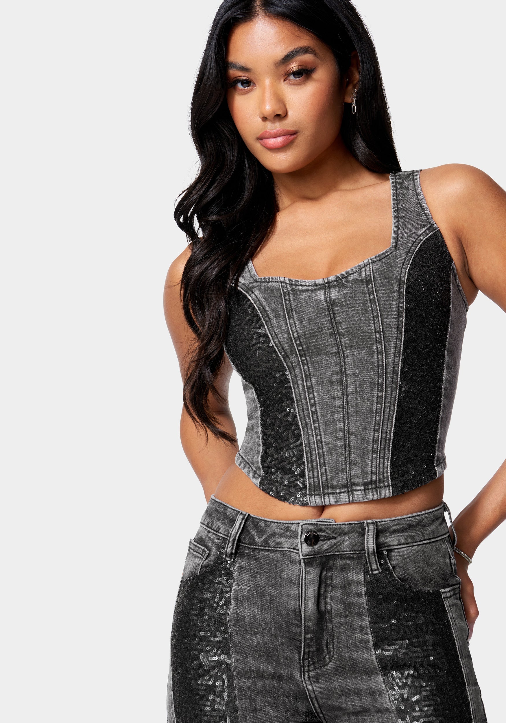 Sequin Trim Denim Bustier Top-Beilave