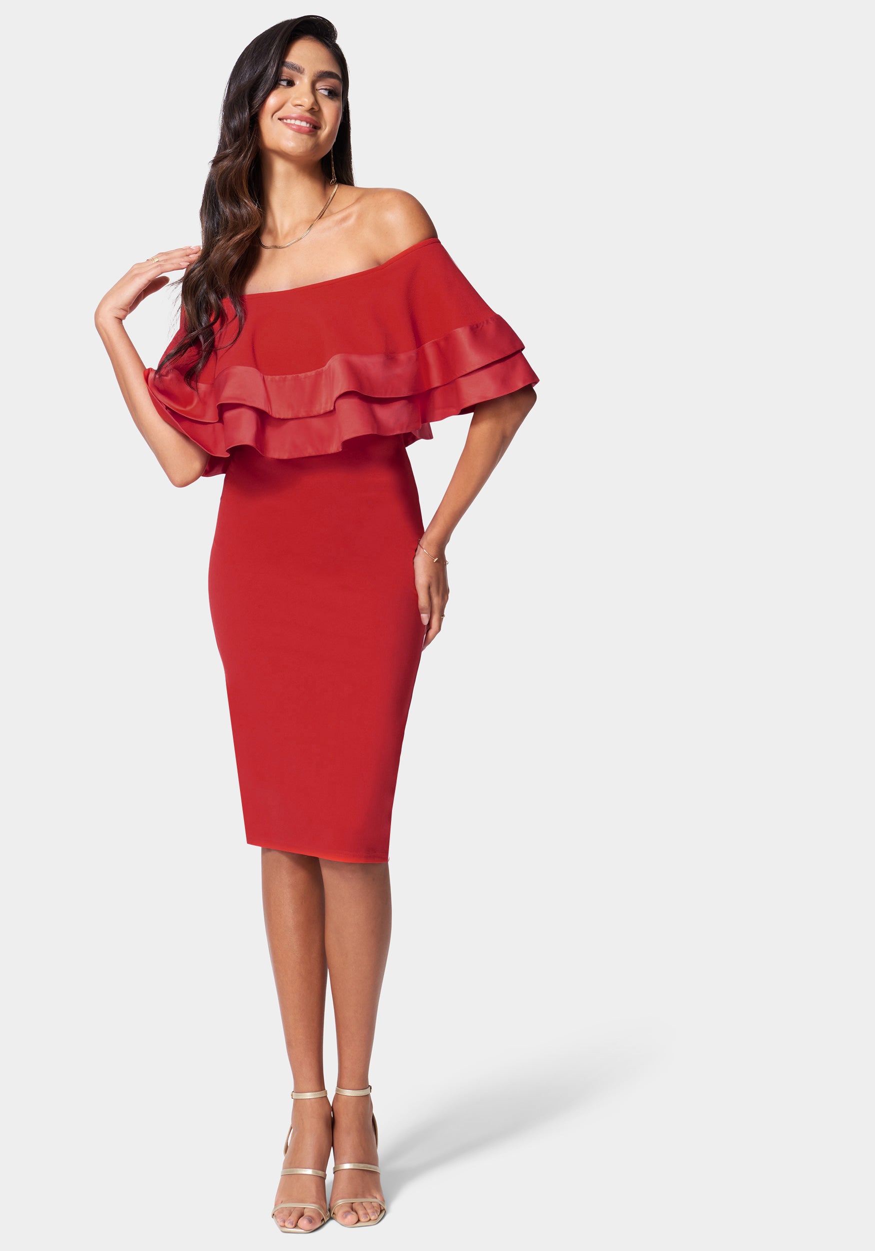 Satin Tip Off Shoulder Midi Dress-Beilave