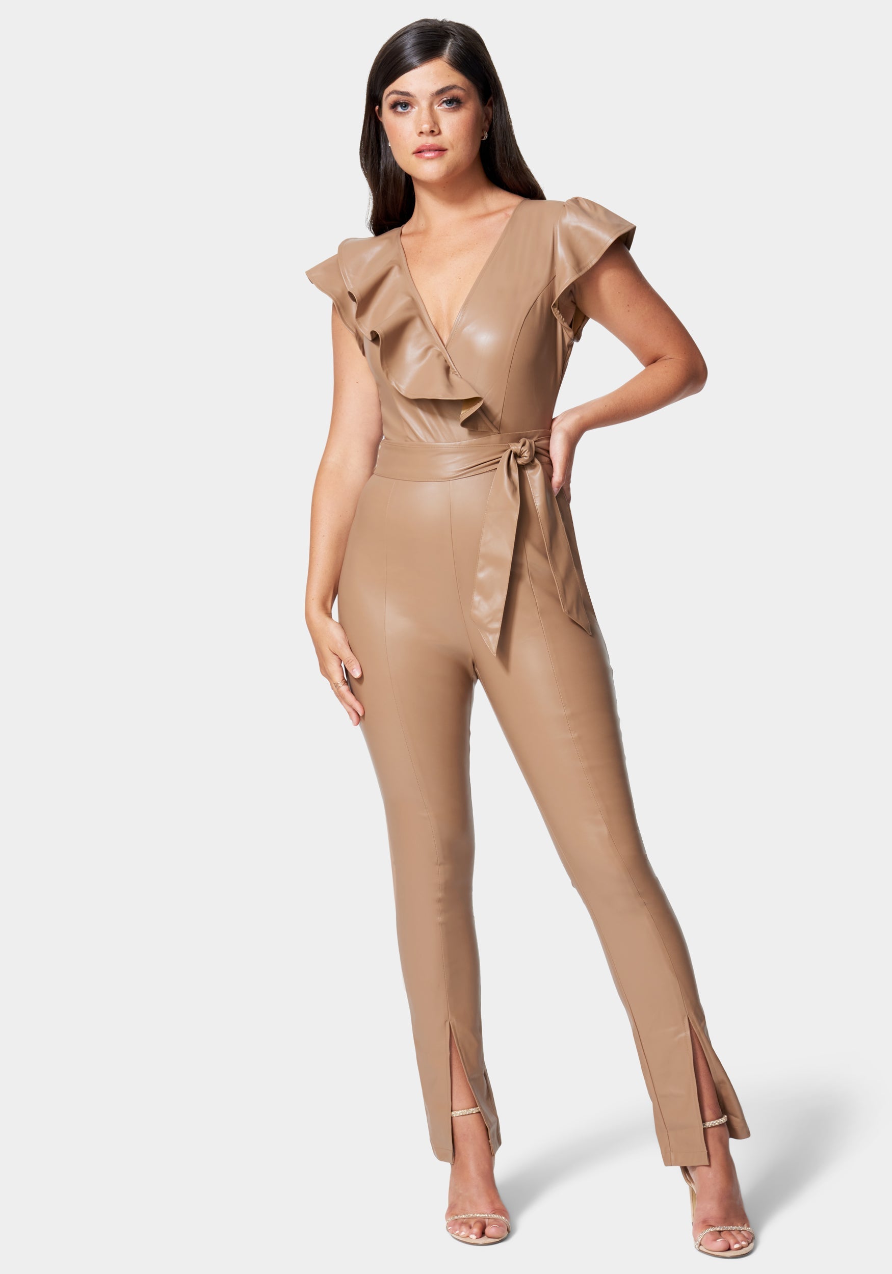 Vegan Leather Ruffle Jumpsuit-Beilave