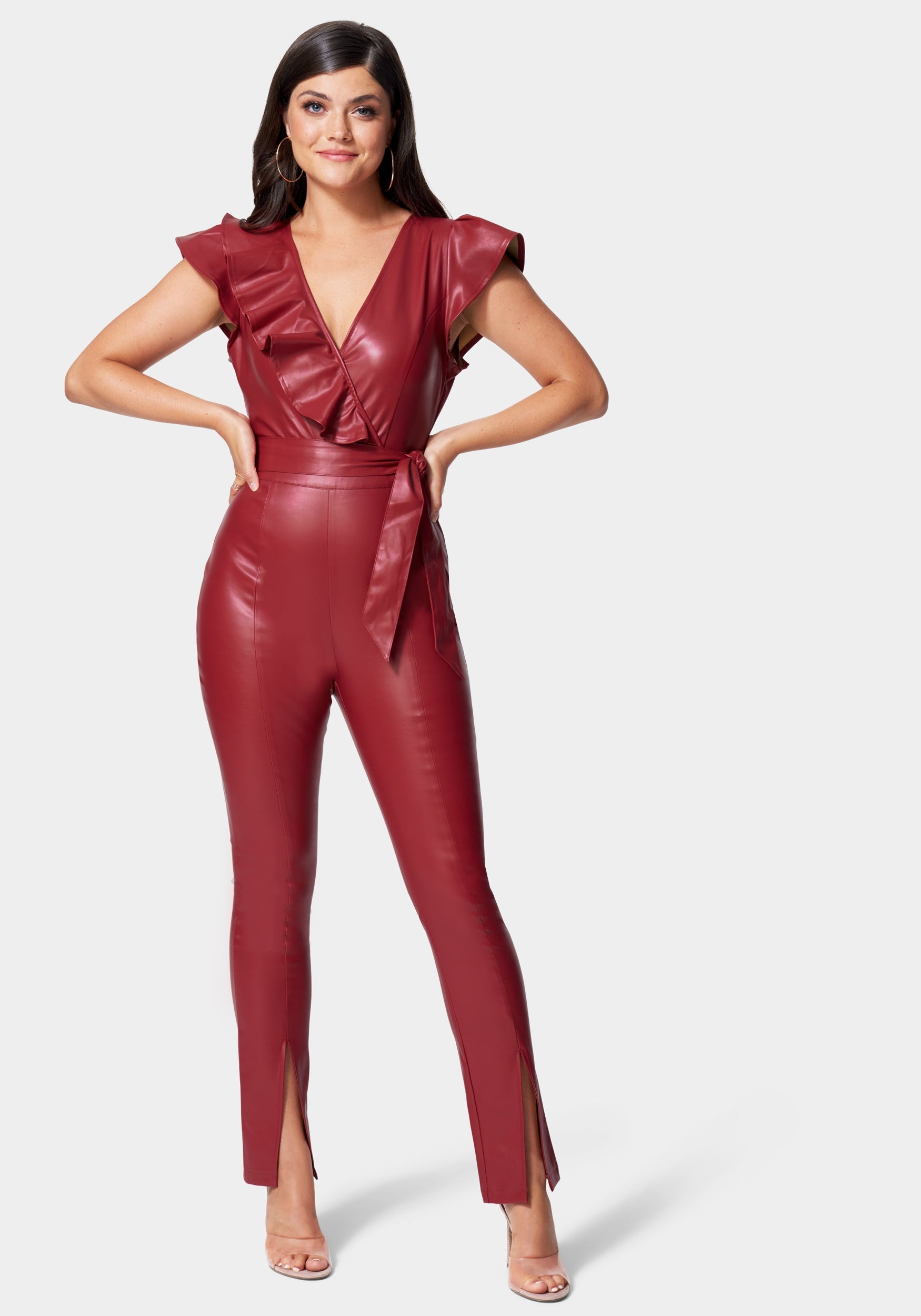 Vegan Leather Ruffle Jumpsuit-Beilave