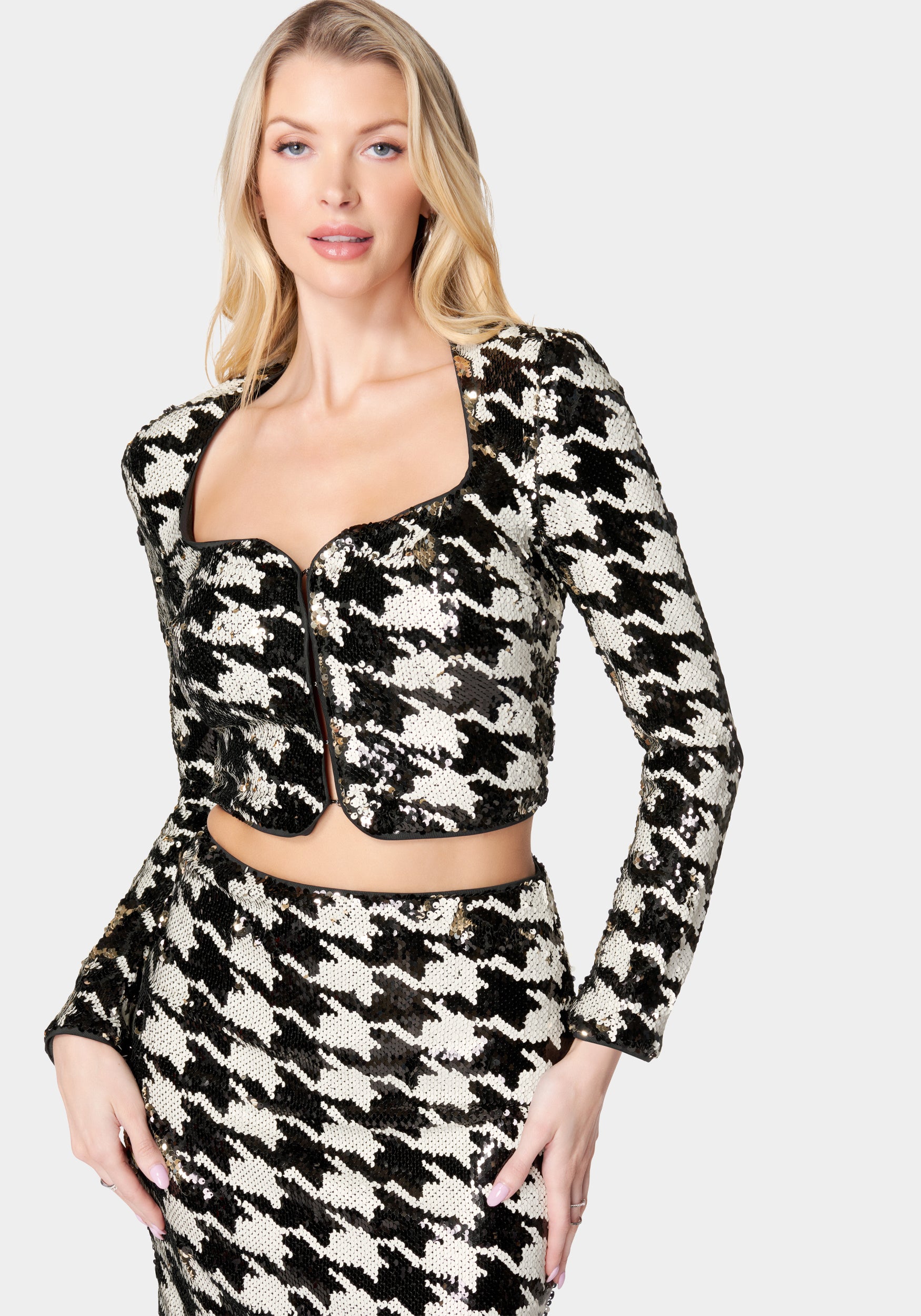 Sequin Houndstooth Notch Front Jacket-Beilave