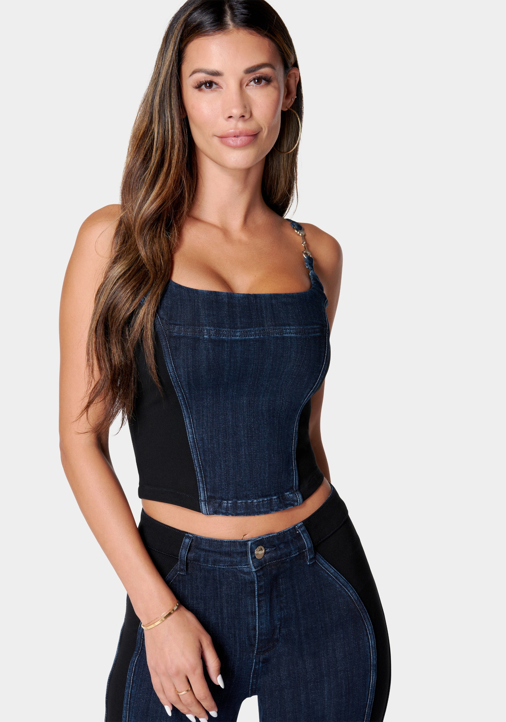 Metal Trim Detail Knit Combo Denim Bustier-Beilave