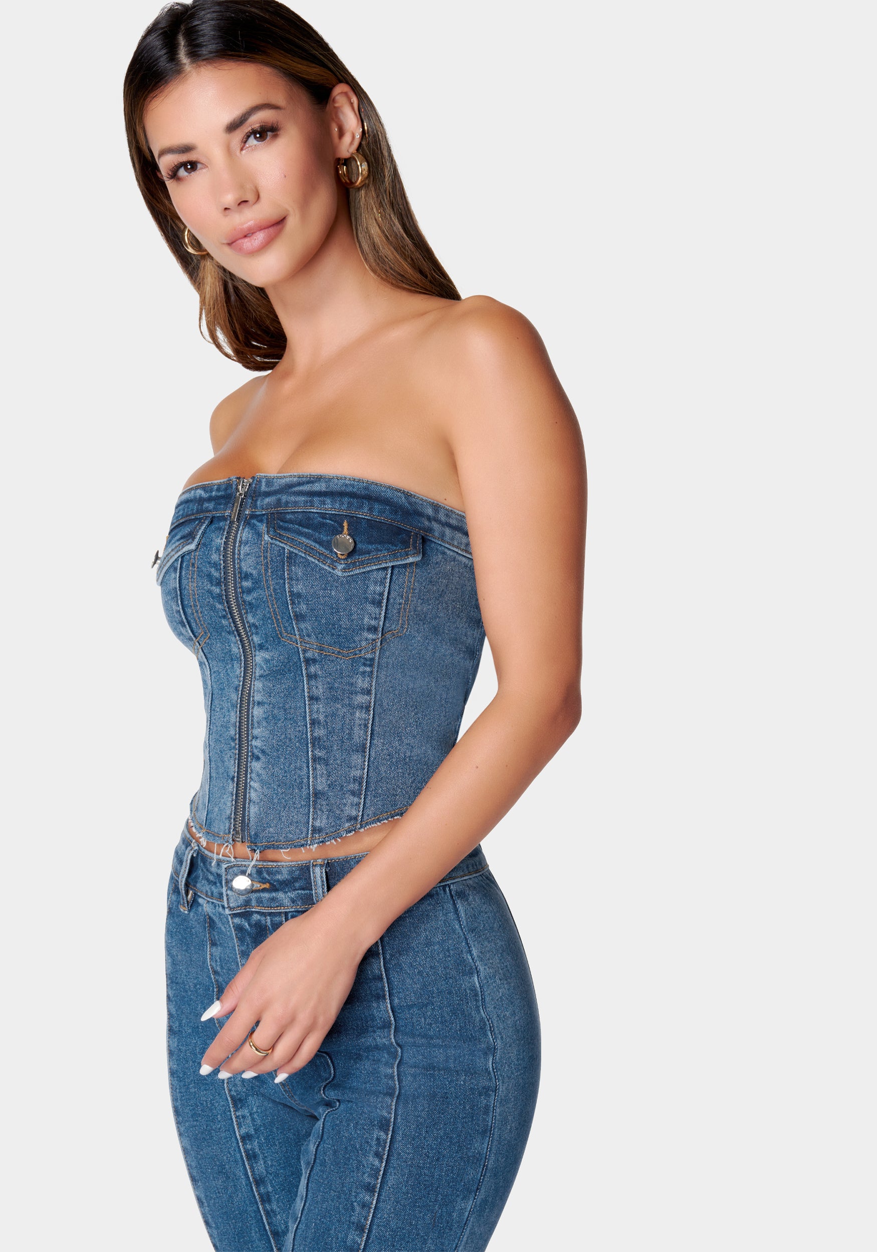 Zip Front Smocked Back Denim Bustier-Beilave