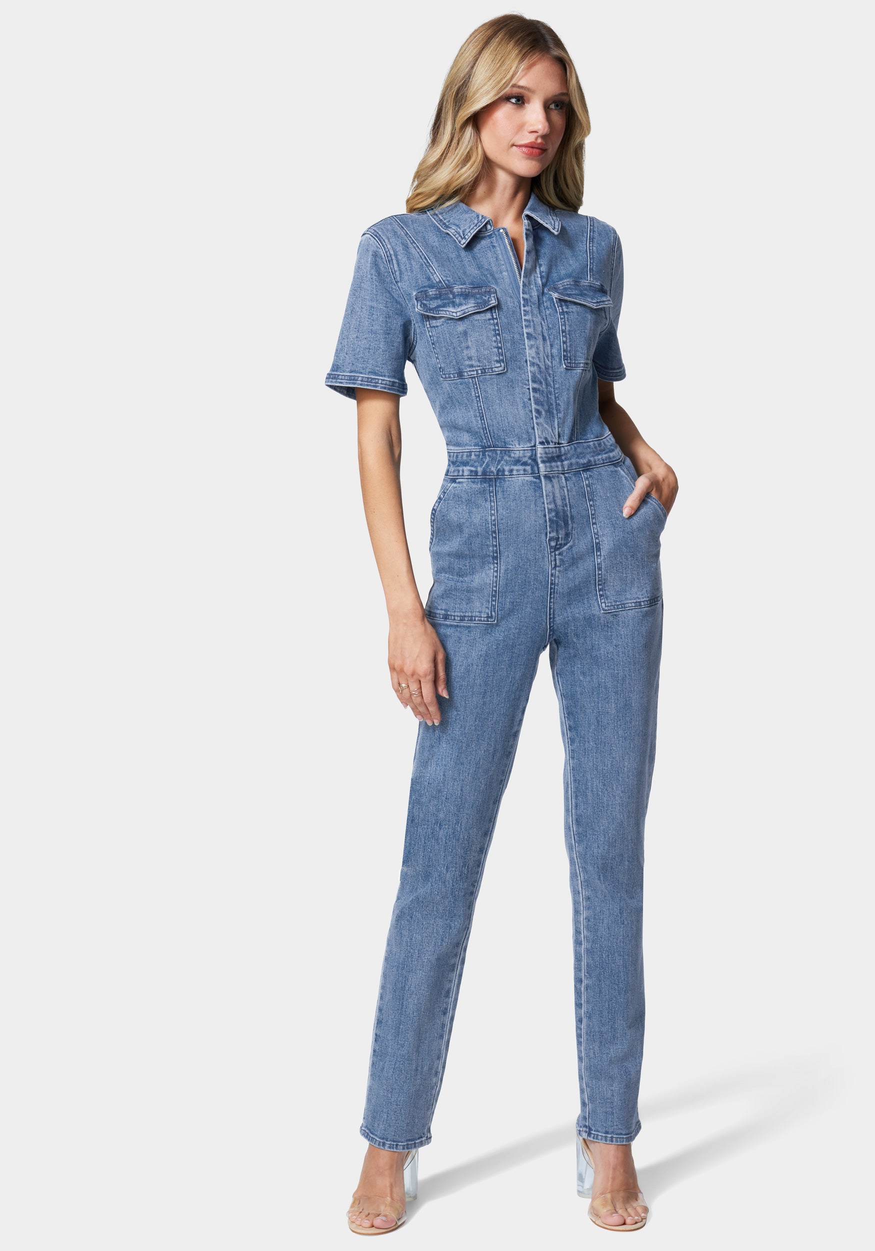 Straight Leg Zip Front Denim Jumpsuit-Beilave