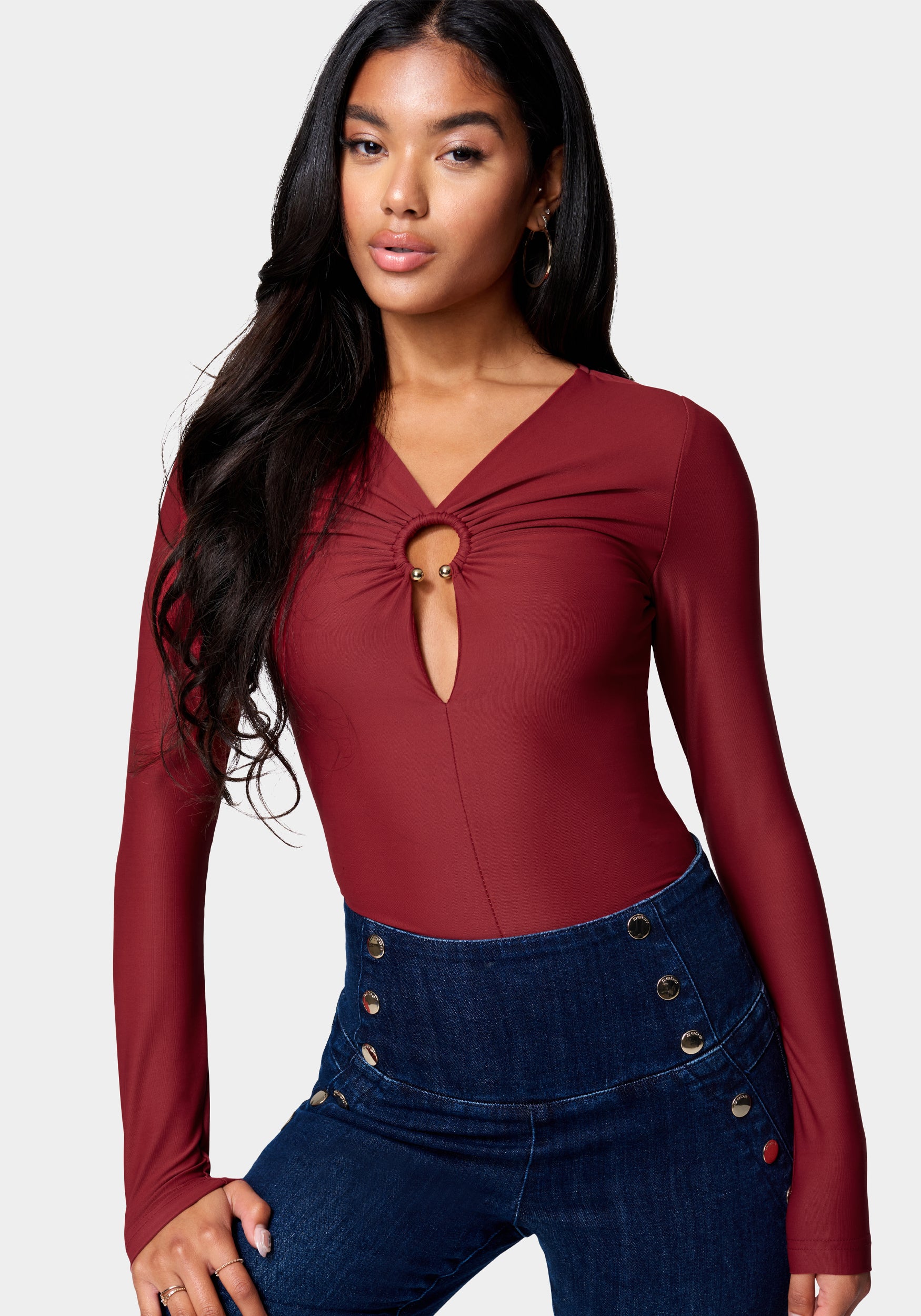 Ring Detail Long Sleeve Bodysuit-Beilave