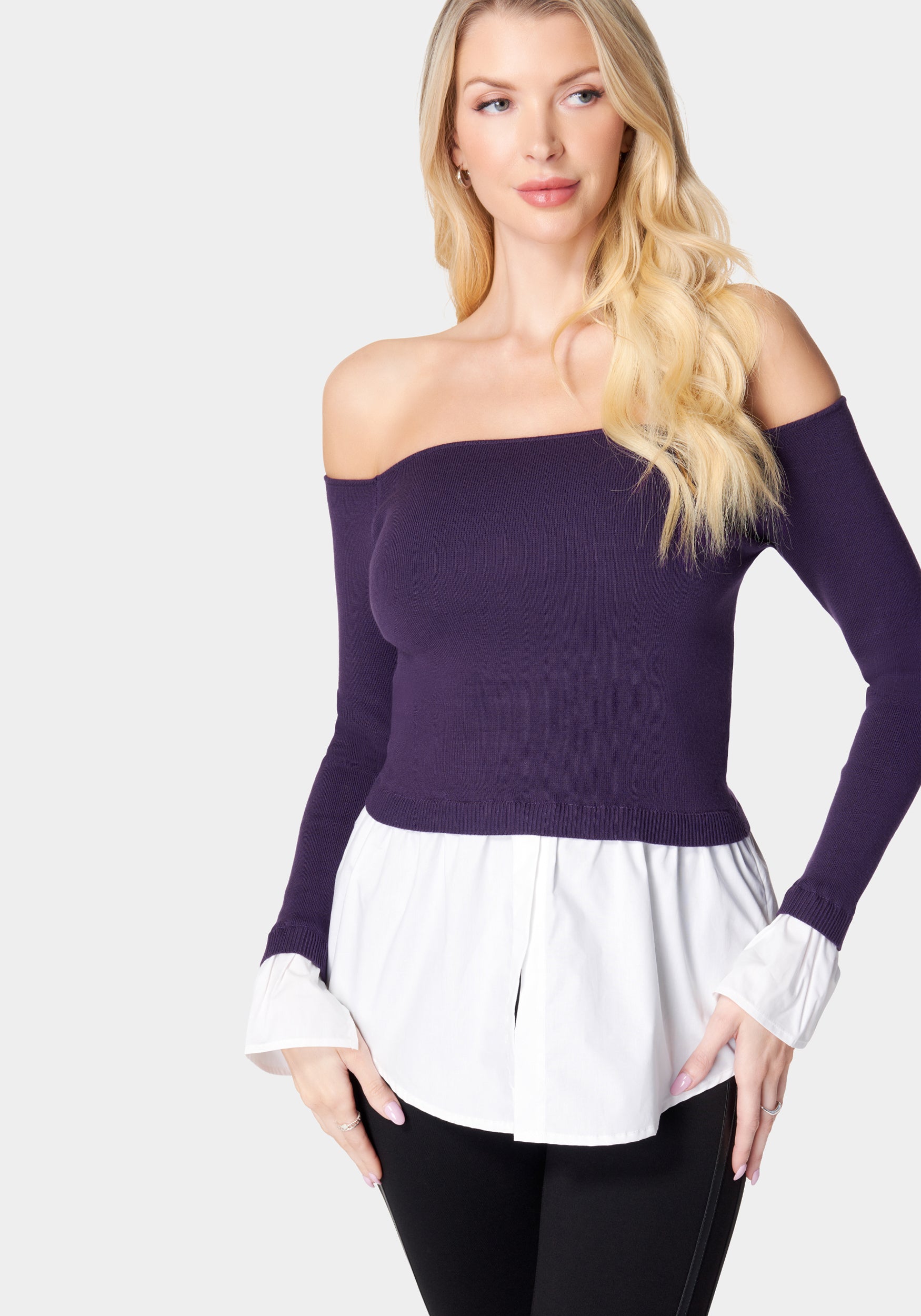Poplin Off Shoulder Sweater Top-Beilave