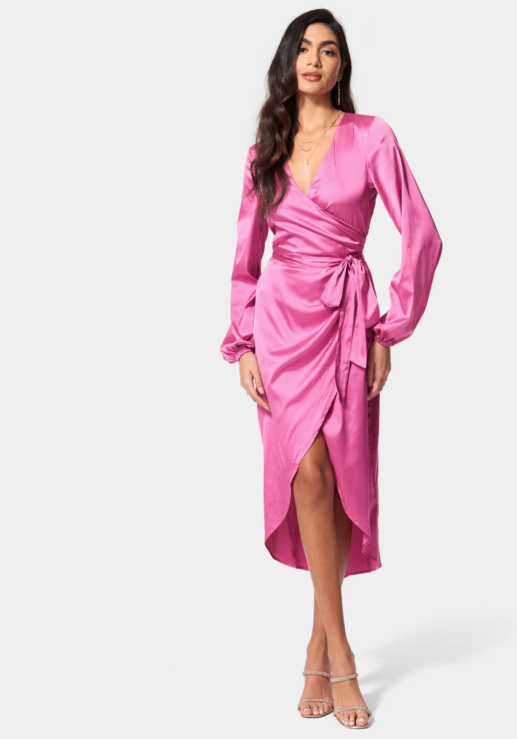 Satin Wrap High Low Dress-Beilave