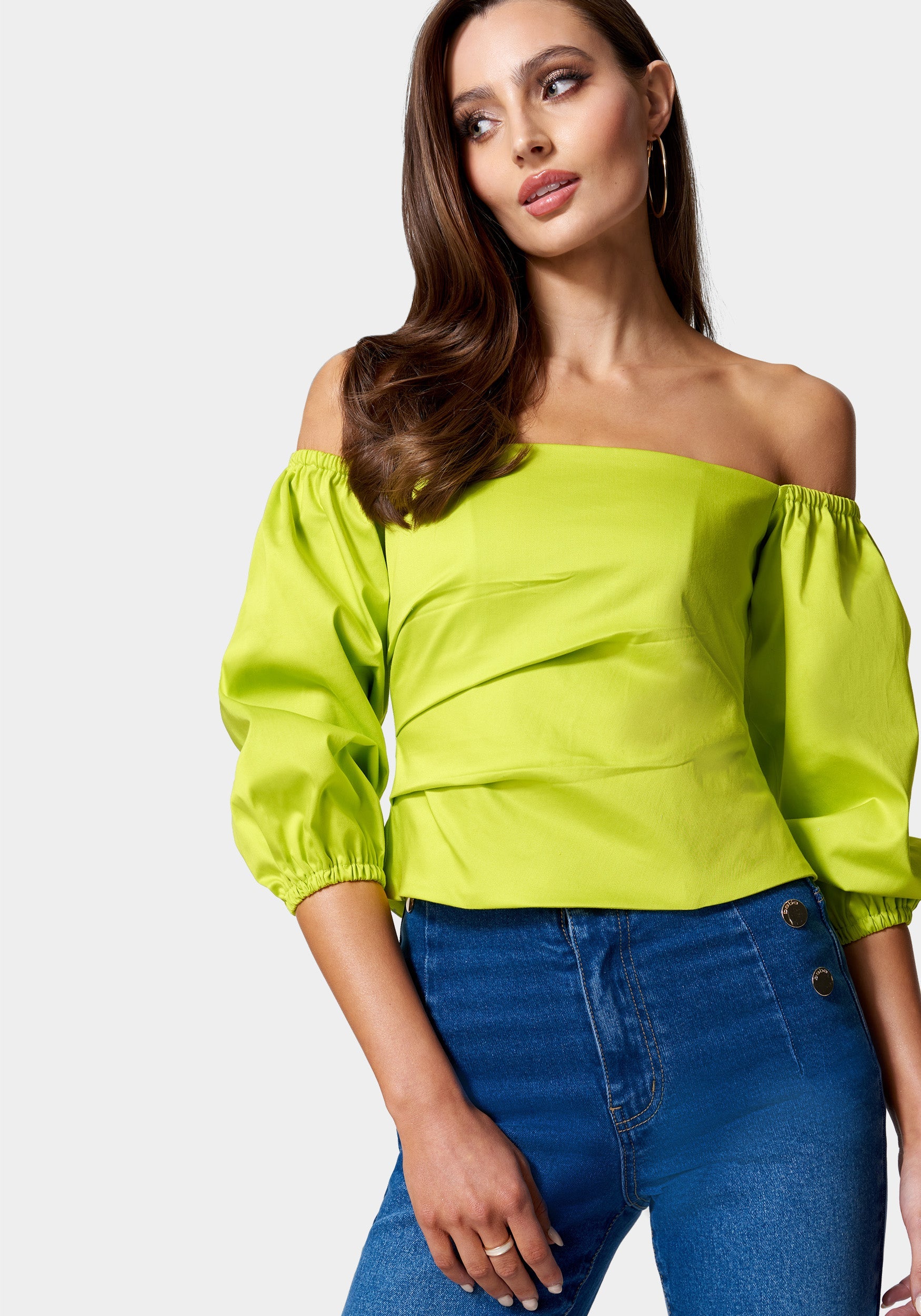 Poplin Bubble Sleeve Off Shoulder Draped Top-Beilave