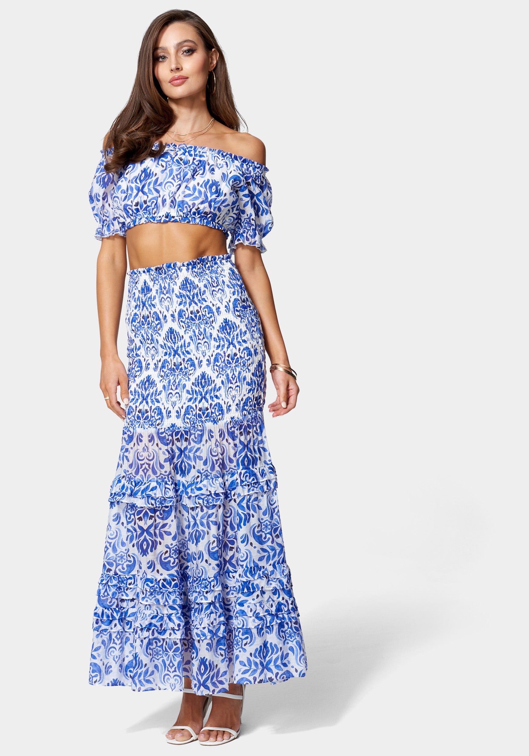 Ruched Bubble Top And Smocked Maxi Skirt Woven Set-Beilave