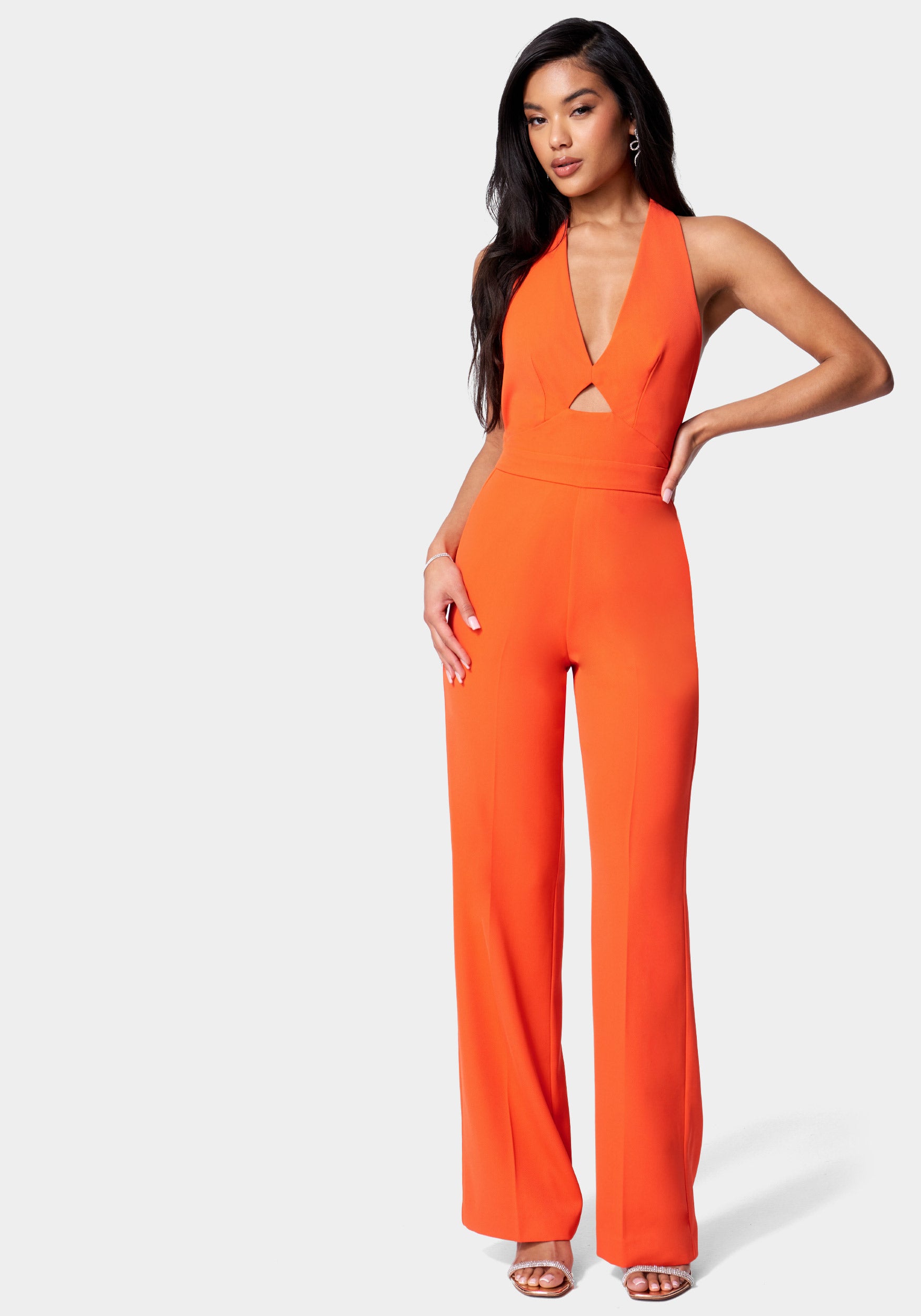 Satin Twill Halter Tie Back Wide Leg Jumpsuit-Beilave