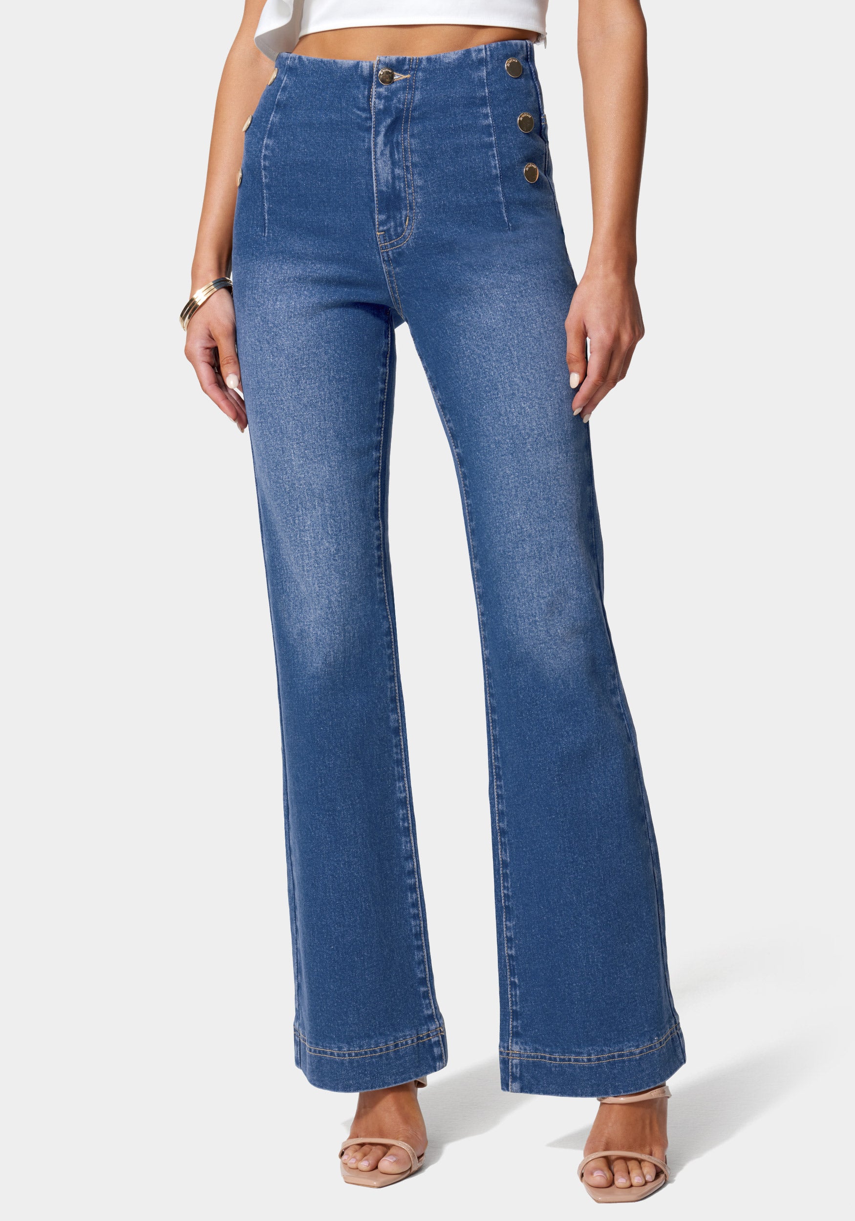 High Waist Button Detail Wide Leg Jeans-Beilave