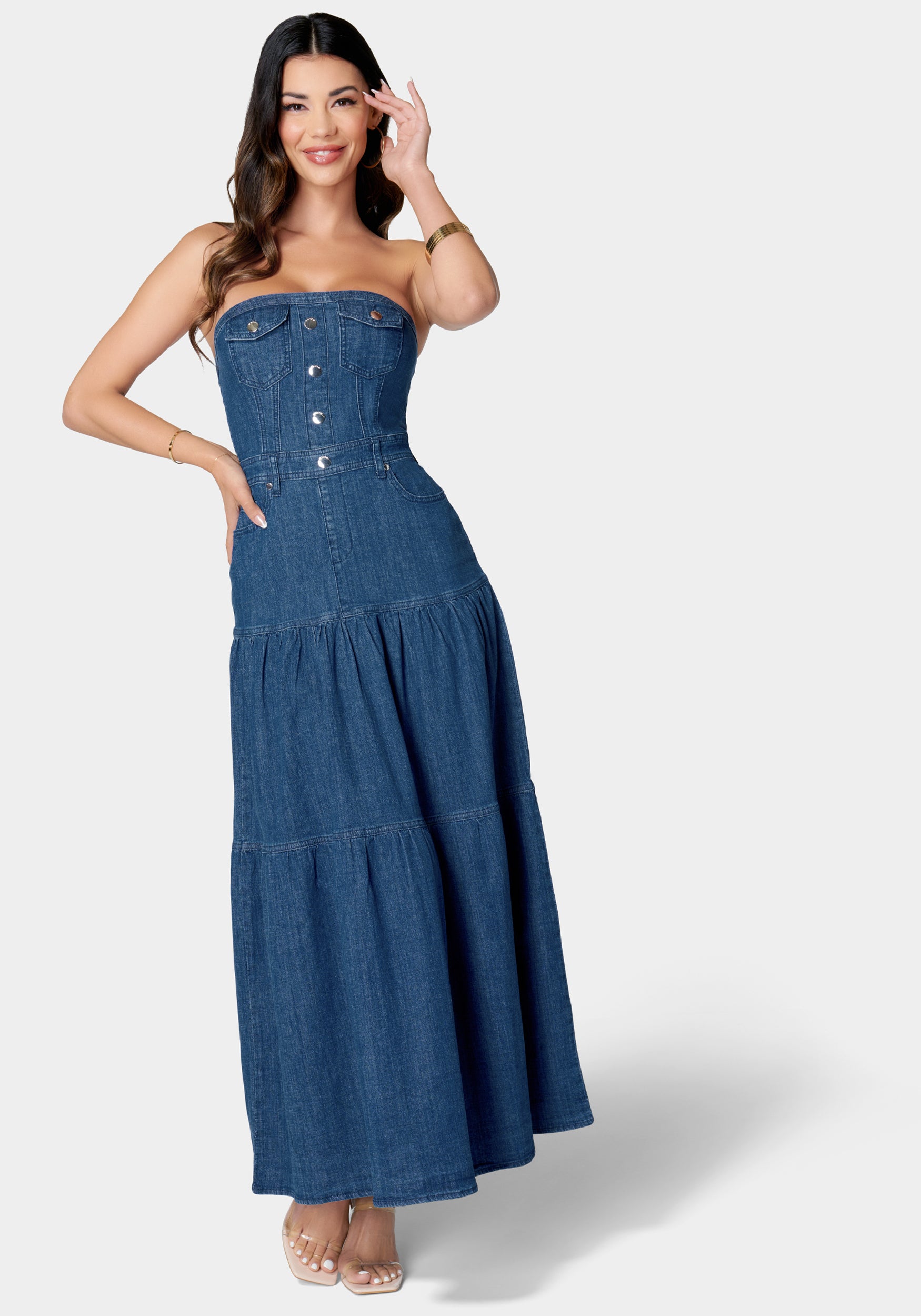 Strapless Tiered Lightweight Denim Dress-Beilave