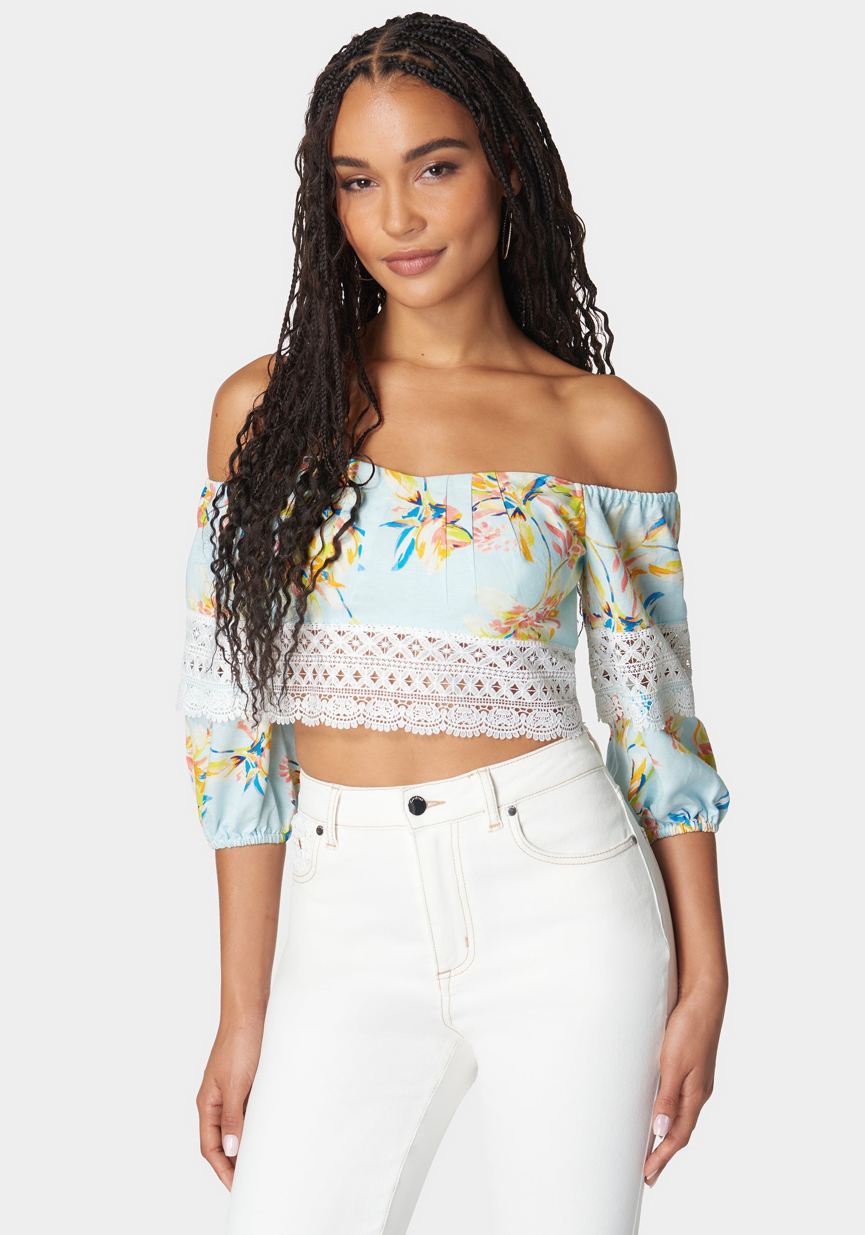 Off Shoulder Crochet Lace Detail Linen Top-Beilave