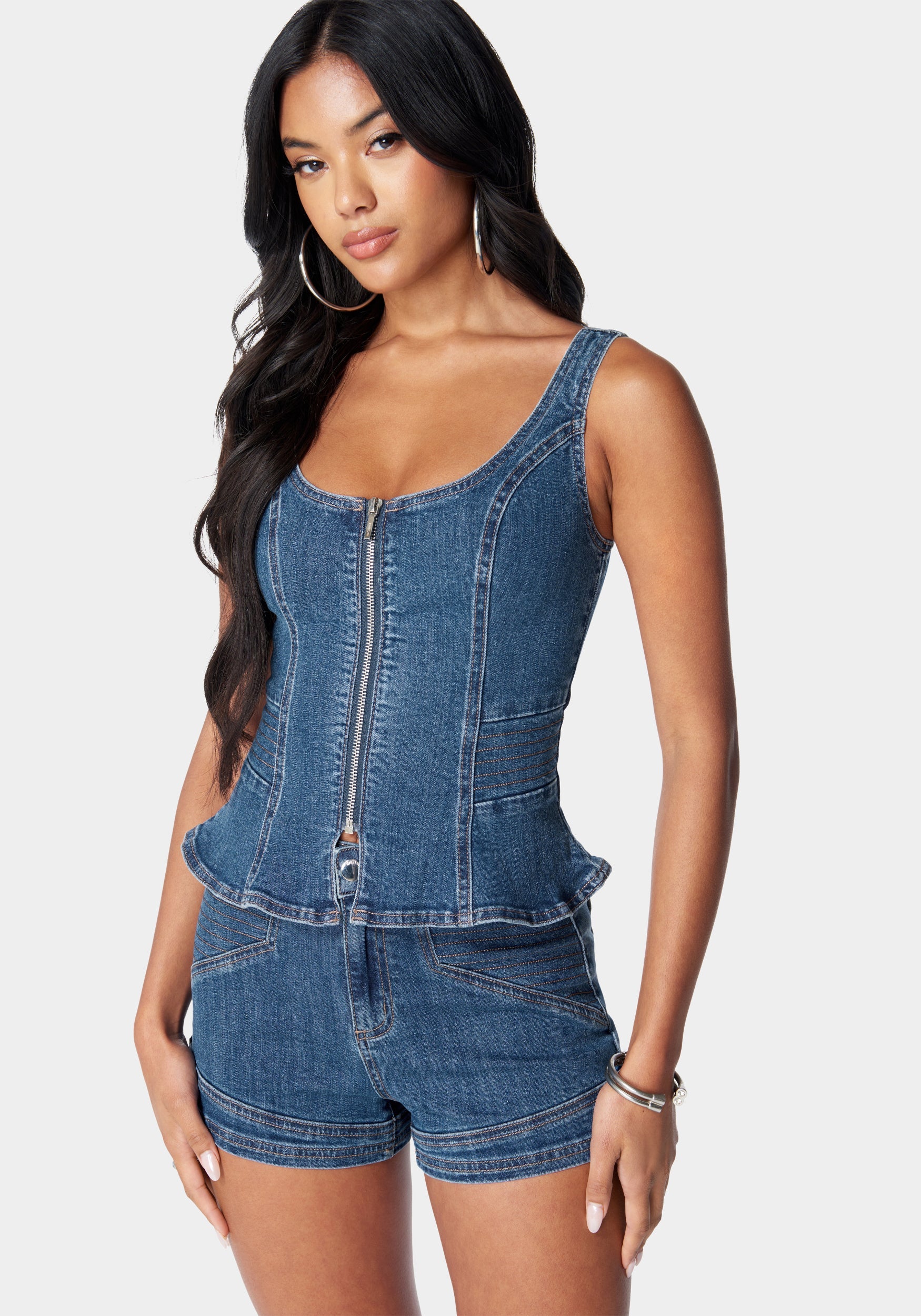 Zip Front Peplum Denim Top-Beilave
