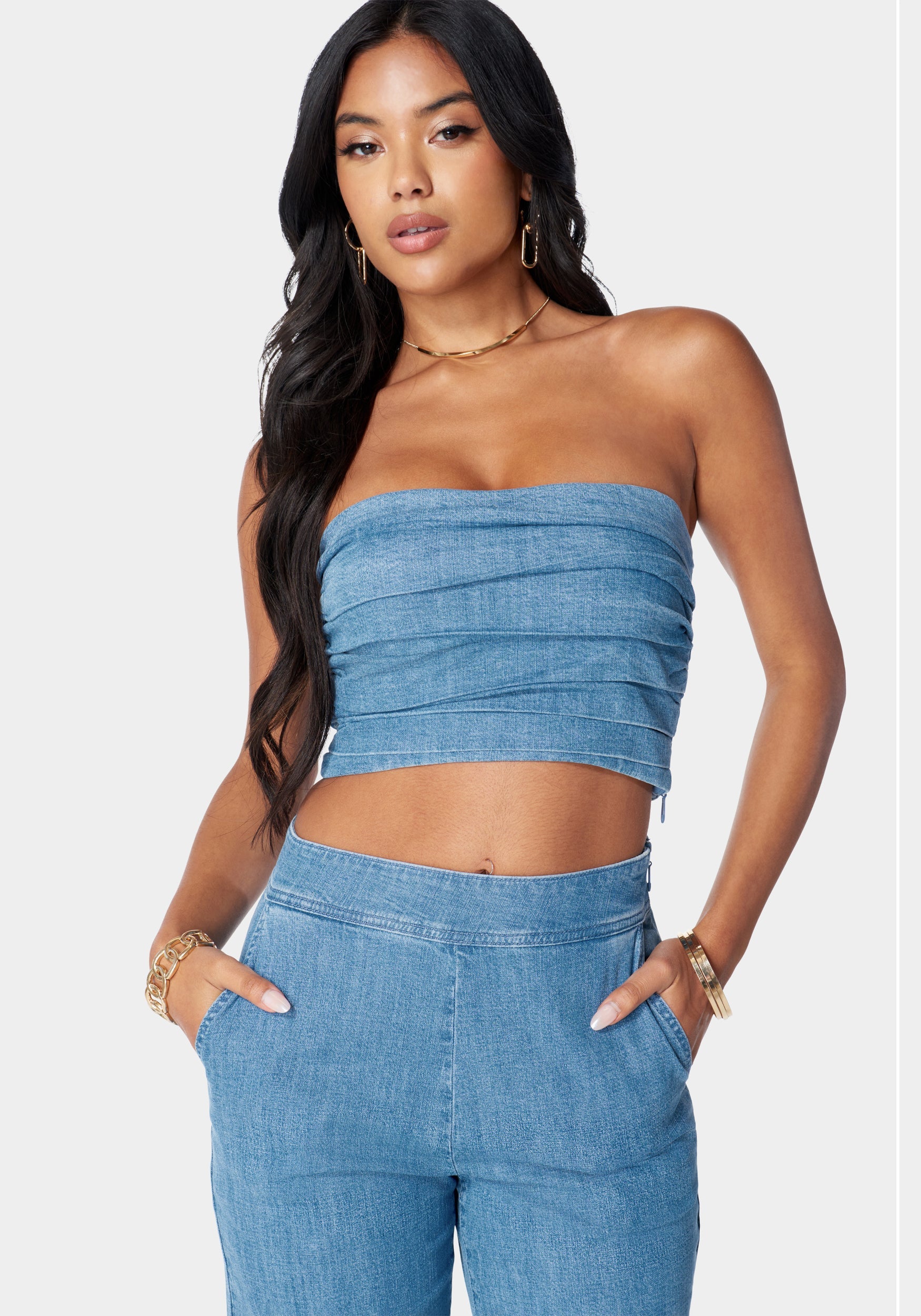 Pleated Bandeau Denim Top-Beilave