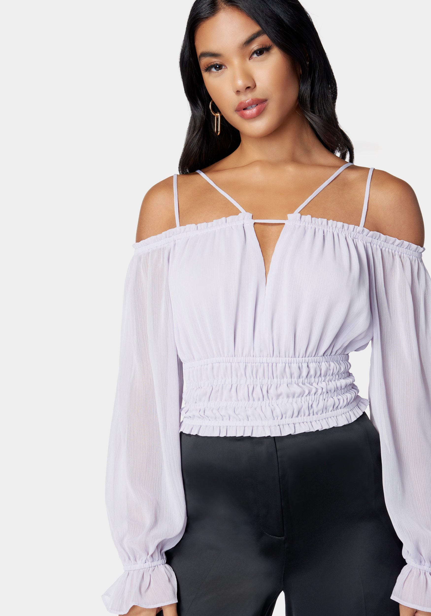 Multi Strap Cold Shoulder Ruched Blouse-Beilave