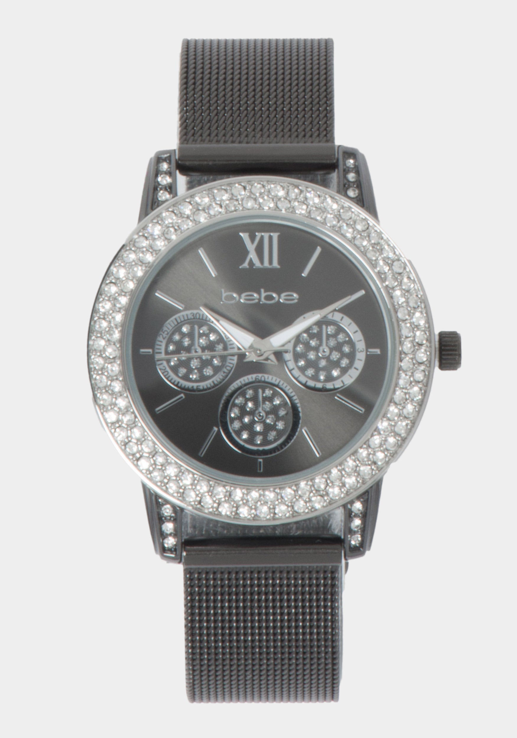 Glossy Gun Metal Dial Crystal Bezel Watch-Beilave