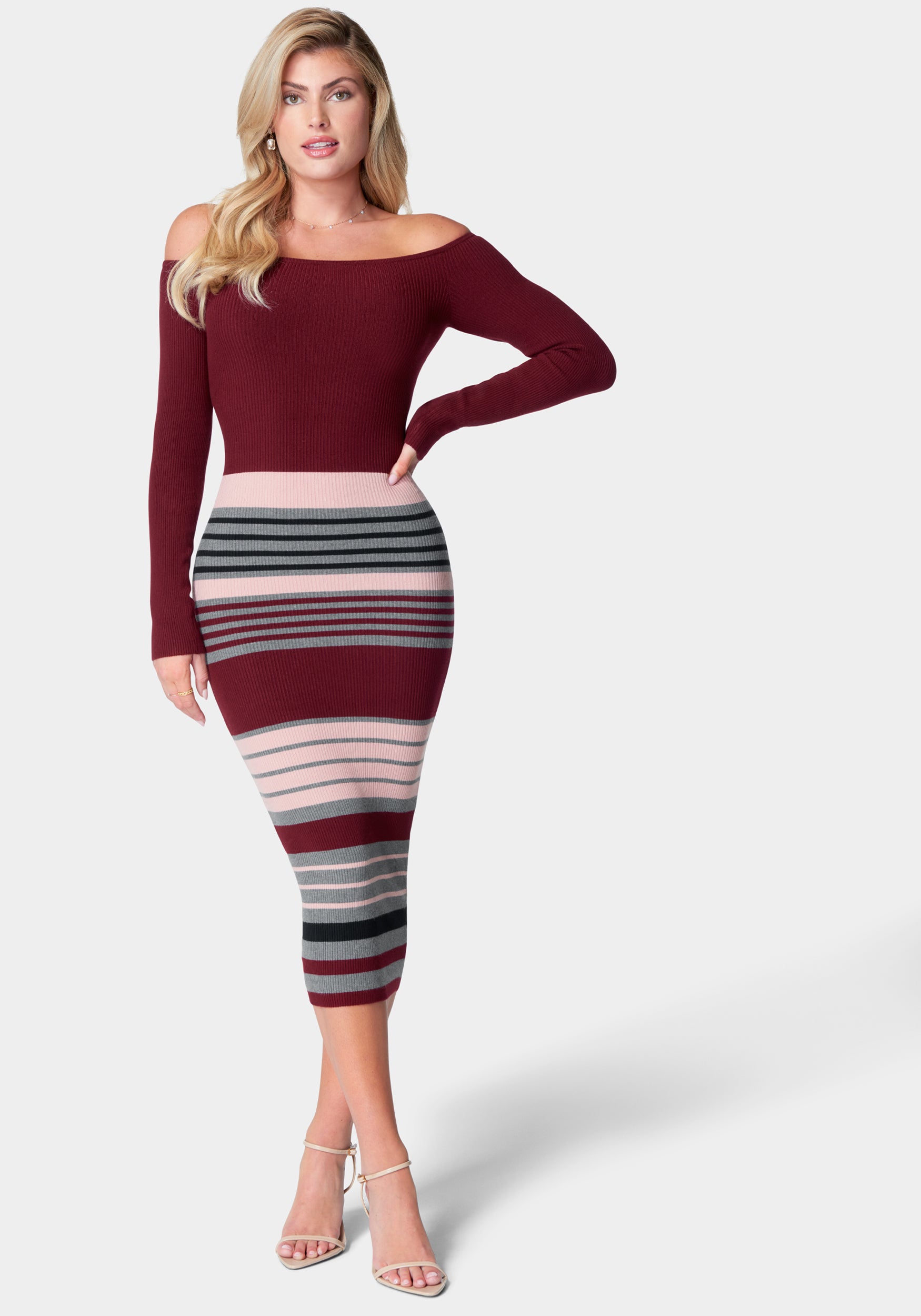 Off Shoulder Stripe Midi Dress-Beilave