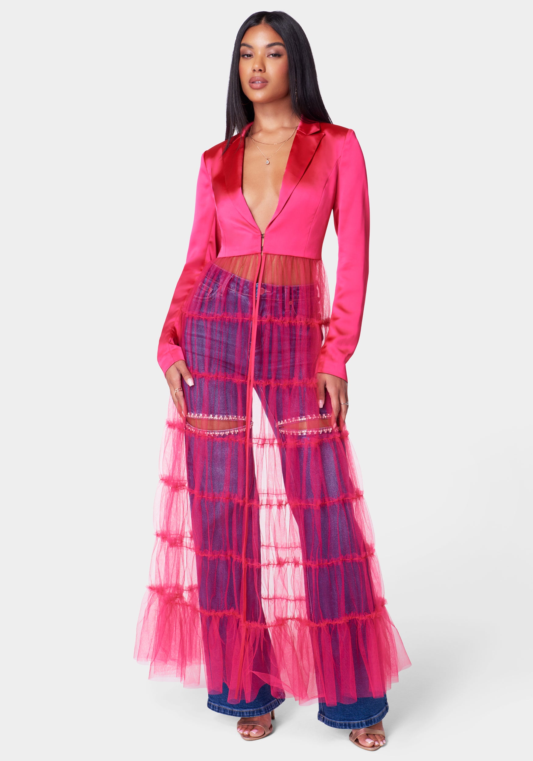 Satin Tailored Jacket With Tulle Hem-Beilave