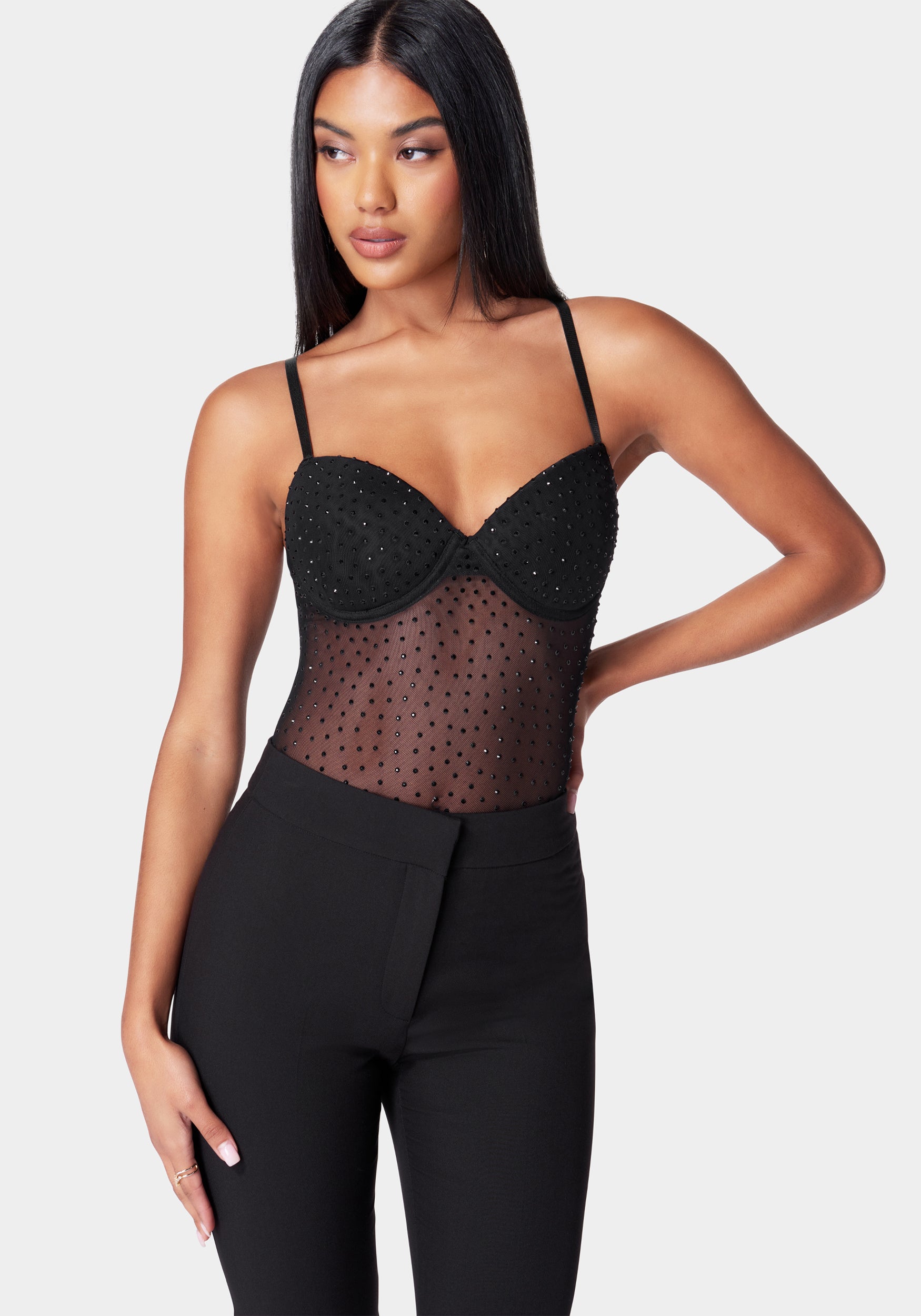 Rhinestone Mesh Bodysuit-Beilave